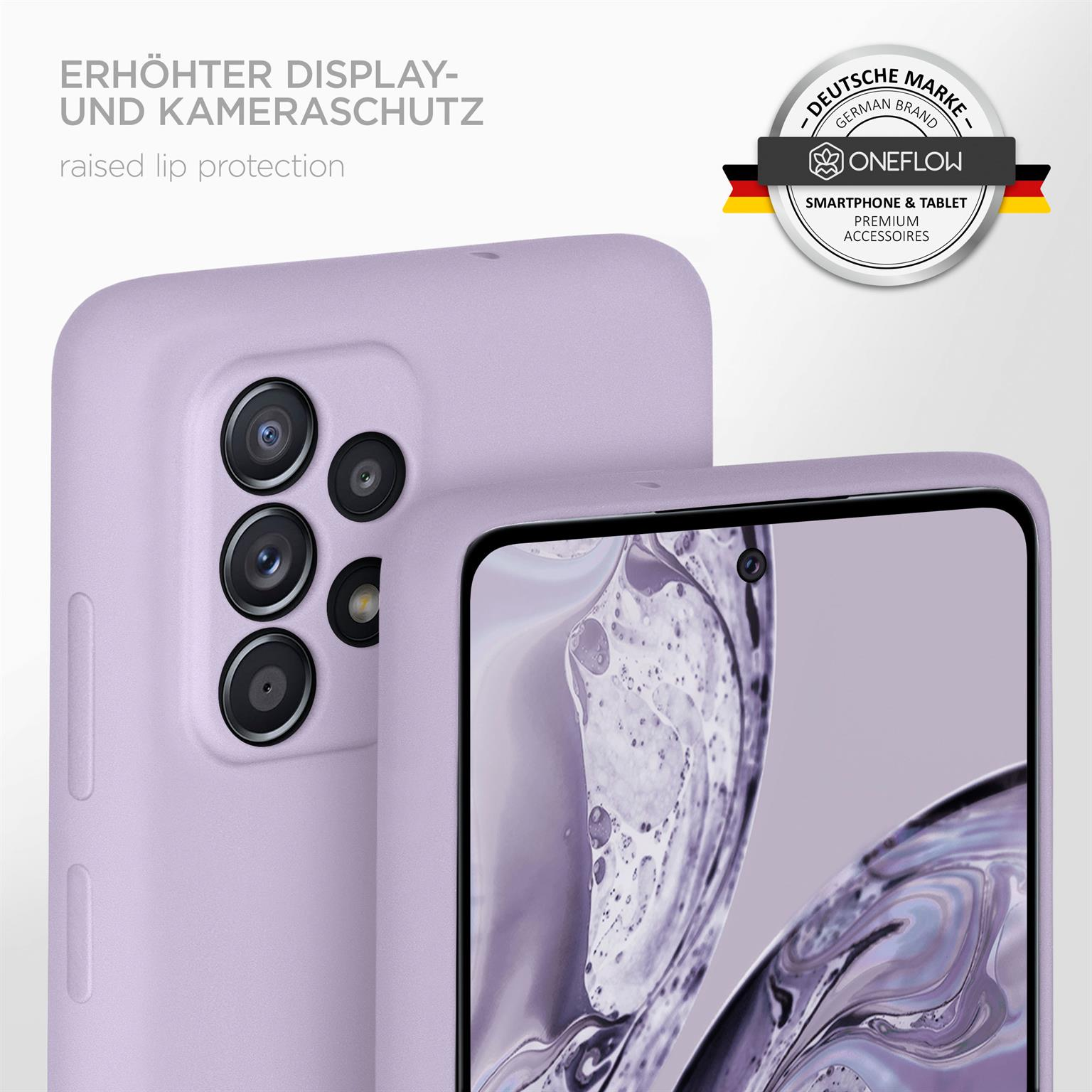 Ein Telefon in einer lila Hülle mit erhöhtem Rand für Kameraschutz, mit einem Markenlogo.