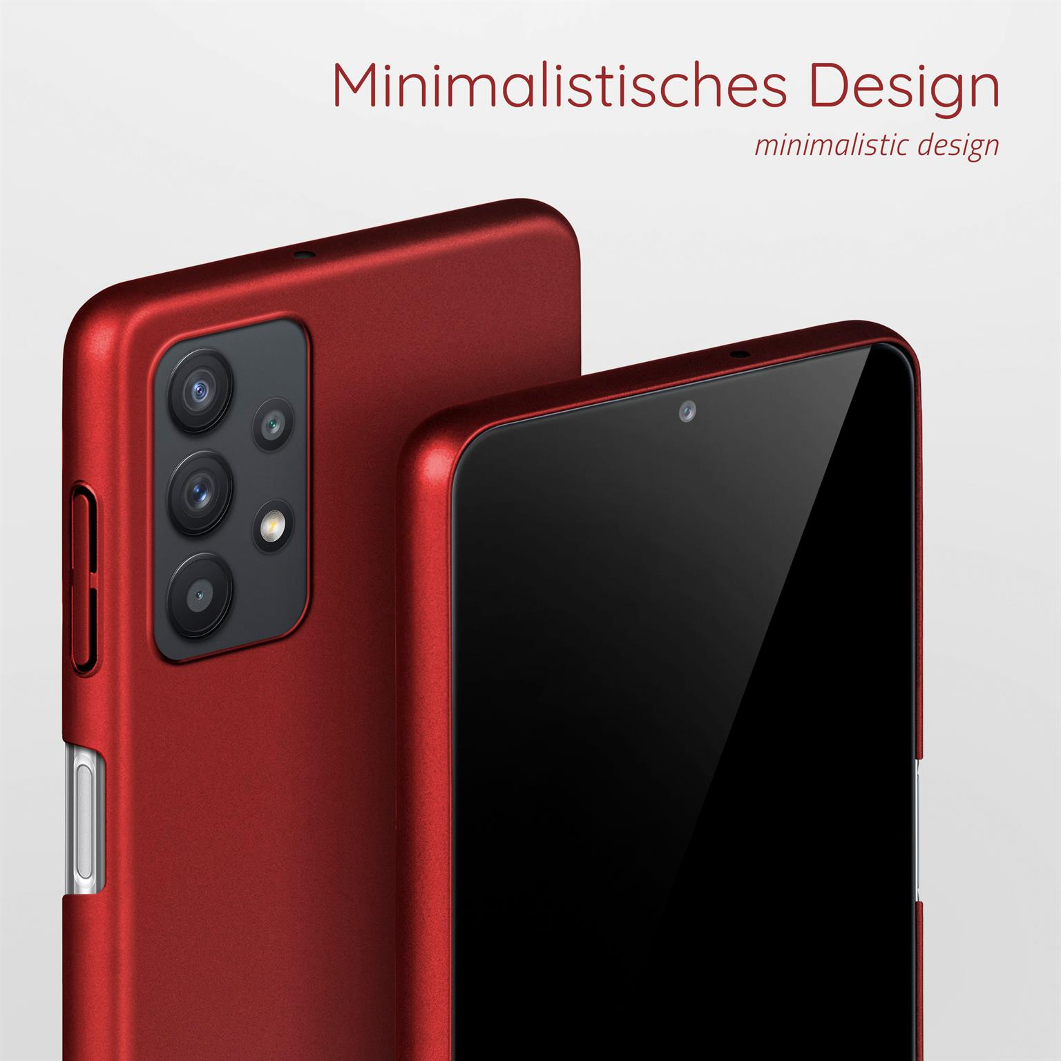 Zwei rote Telefone nebeneinander. Eines hat eine Kamera, das andere einen schwarzen Bildschirm.