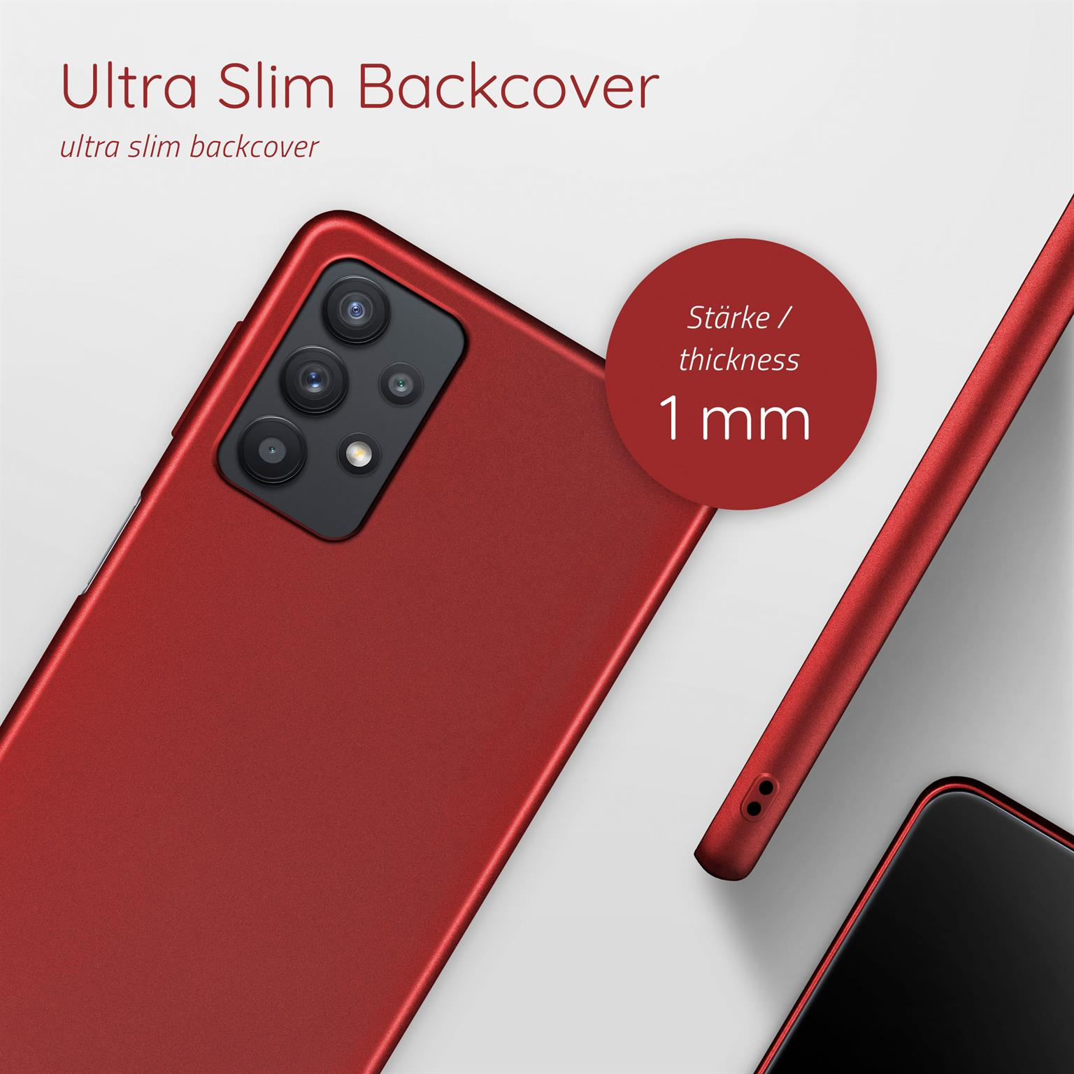 Eine rote Handyhülle mit einem schwarzen Telefon. Eine rote Leiste ist an der Seite mit einem Diagramm zur Dicke.