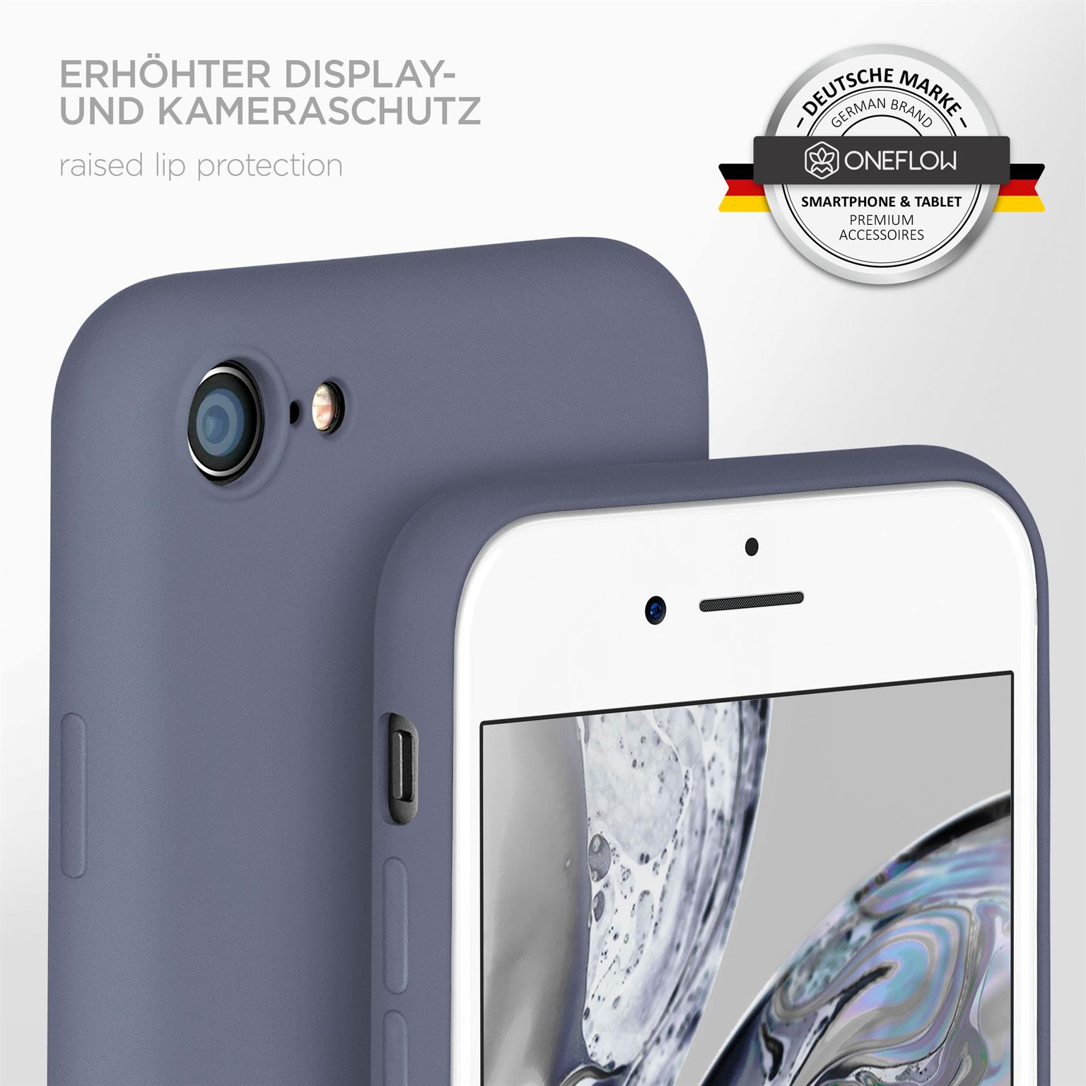 Eine blaue Handyhülle, die die Kamera und einen Telefonbildschirm zeigt. Ein Logo ist sichtbar.