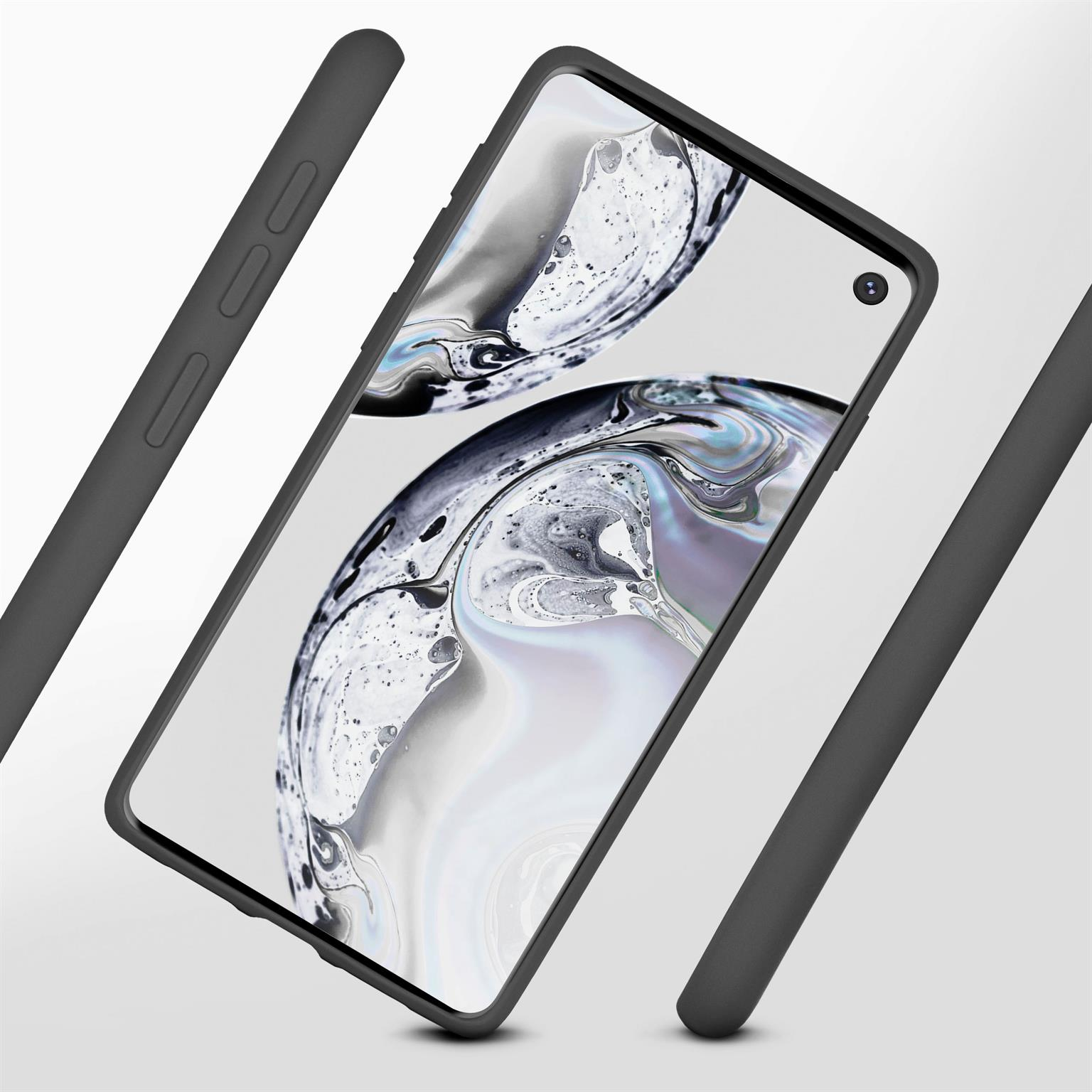 Ein schwarzes Telefon in einer schwarzen Hülle. Der Telefonbildschirm zeigt ein abstraktes Design. Der Hintergrund ist weiß.