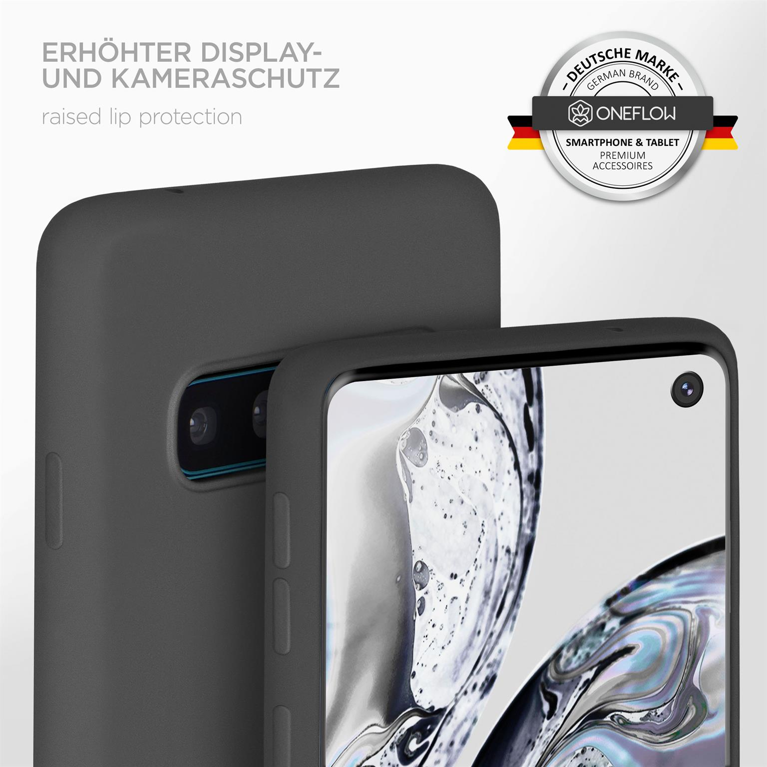 Eine graue Handyhülle mit einem Telefon darin und einem Logo im Hintergrund. Text: Erhöhter Lippenschutz.