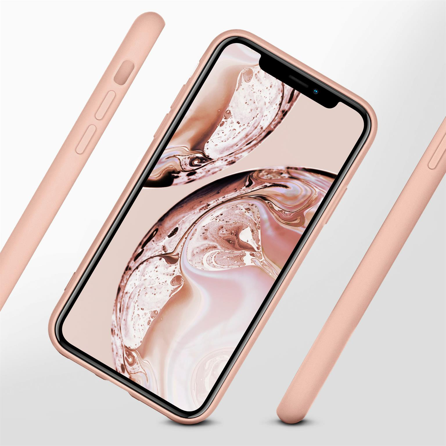 Telefon in Pfirsichhülle mit Bildschirmanzeige, drei Hüllen drumherum.