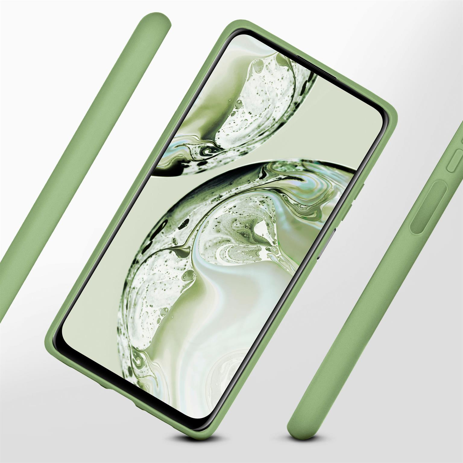 Grüne Handyhülle mit einem Telefon darin. Drei Balken umgeben das Telefon.