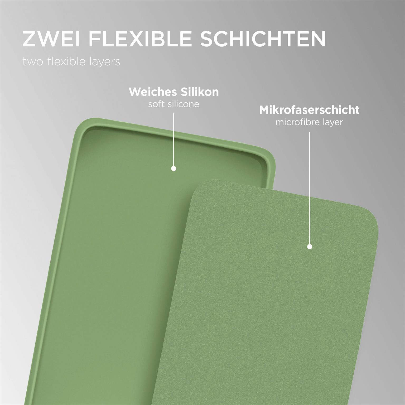 Zwei flexible Schichten: weiches Silikon und Mikrofaserschicht. Grün und grau.