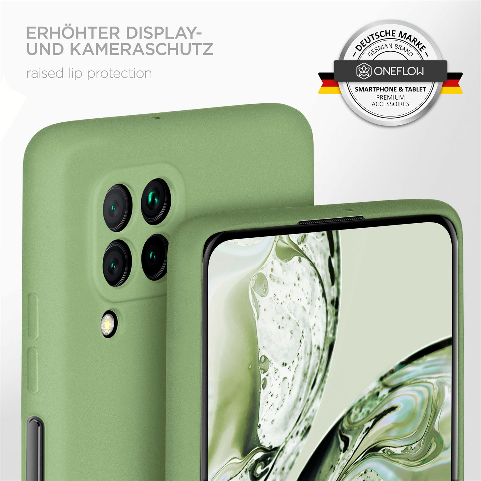 Nahaufnahme eines Telefons in einer grünen Hülle, mit dem Text 'erhöhter Display- und Kameraschutz' und einem Logo.