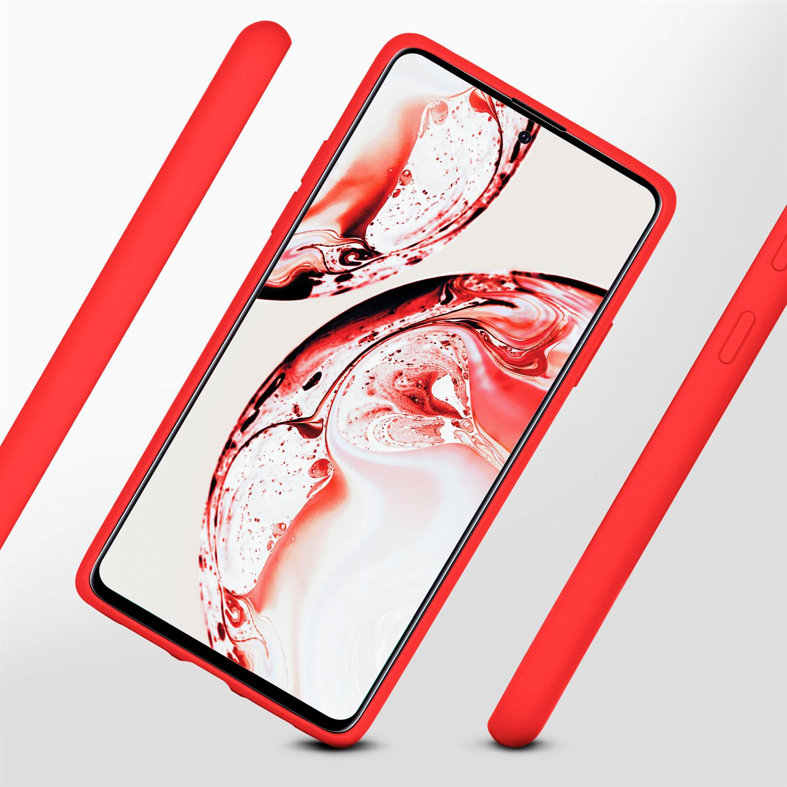 Rote Handyhülle mit Telefon. Ultra schlanke Rückseite. Hülle und Telefon sind angewinkelt. Weißer Hintergrund.