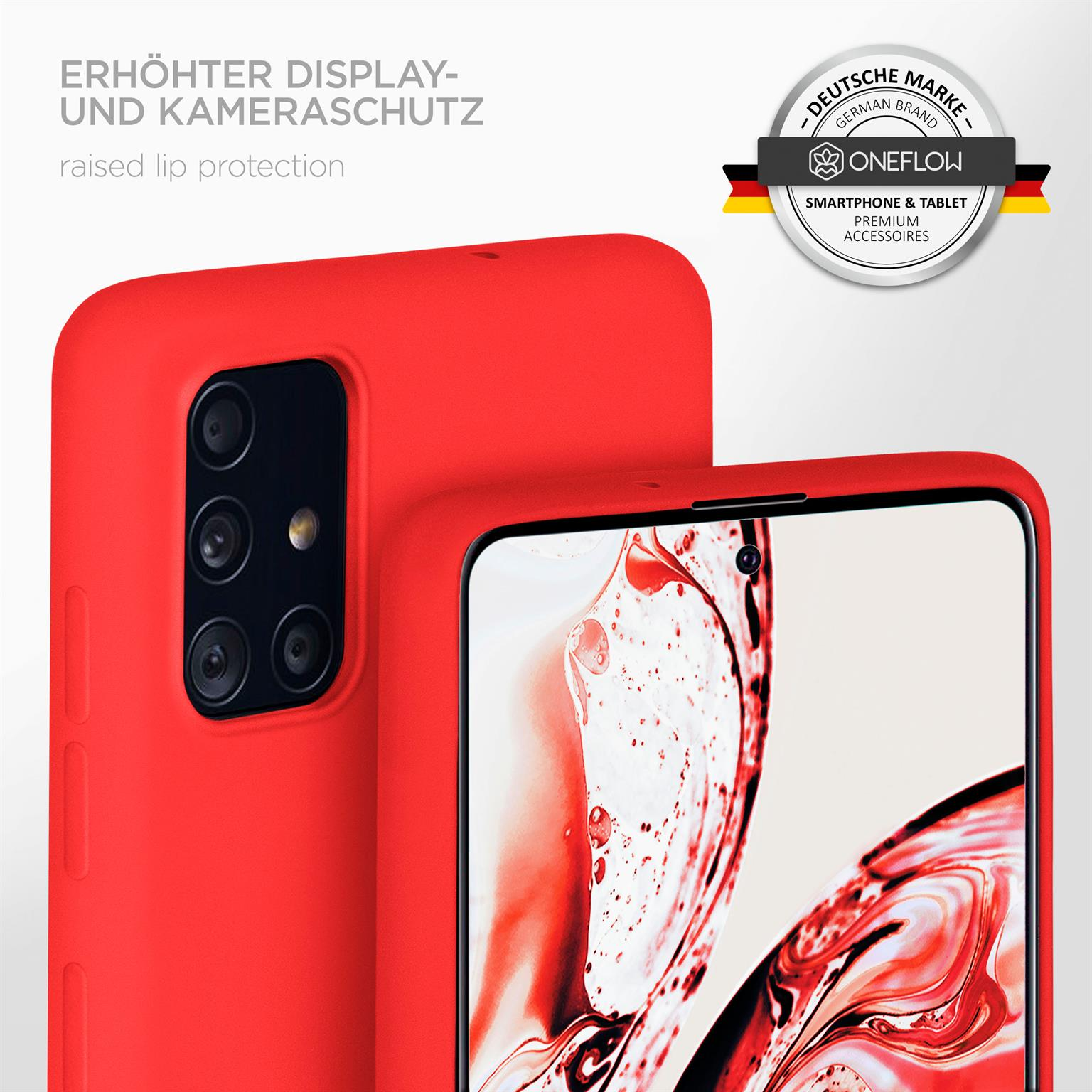 Nahaufnahme einer roten Handyhülle, die ein Telefon mit erhöhtem Rand schützt.