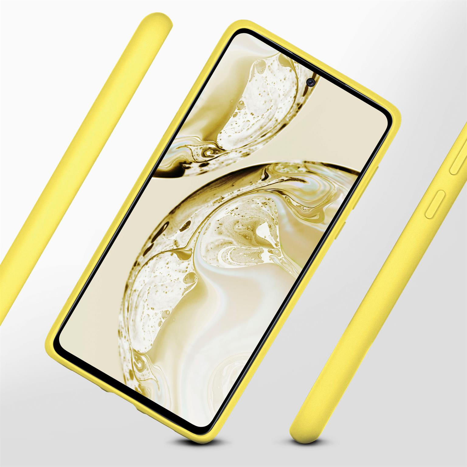 Gelbe Handyhülle und Telefon. Zwei Hüllen werden in Bewegung gezeigt. Gelbe Hülle umgibt das Telefon.