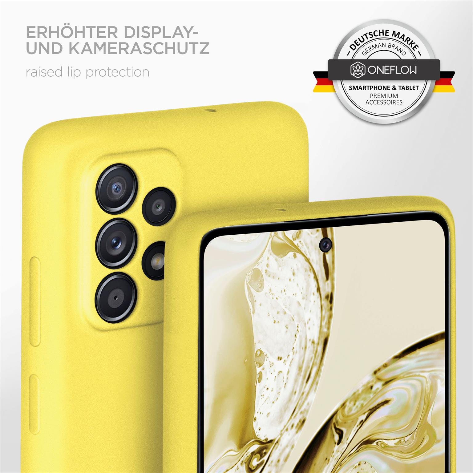 Eine gelbe Handyhülle mit einem Telefon darin. Die Hülle schützt Kamera und Bildschirm.