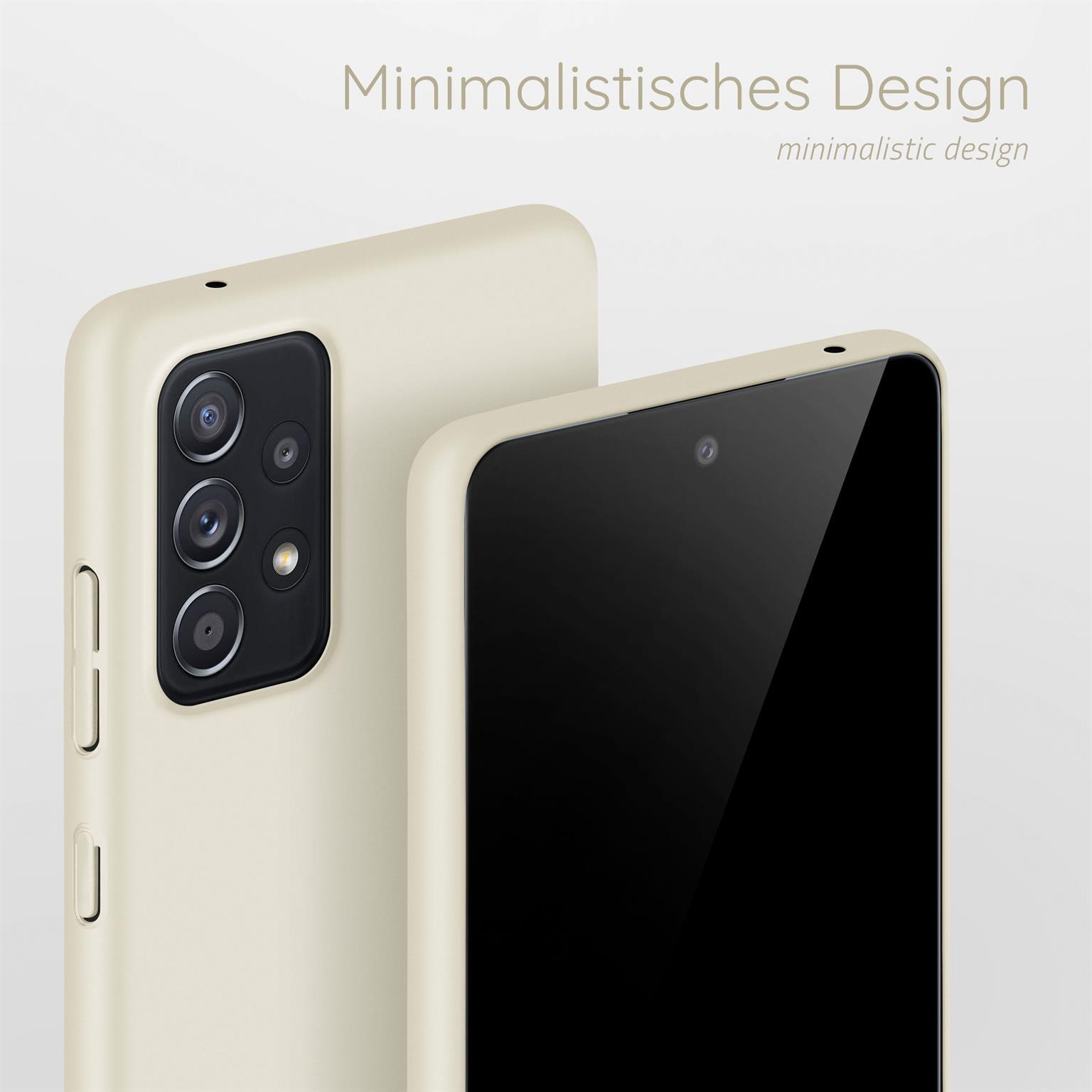Zwei cremefarbene Handyhüllen nebeneinander. Eine zeigt die Rückseite, die andere den Bildschirm.