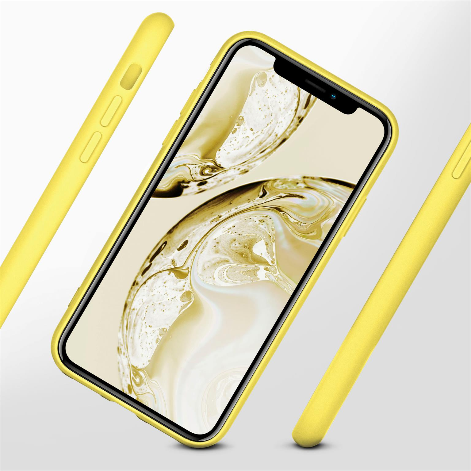 Gelbe Handyhülle. Das Telefon ist gelb. Mehrere Winkel, schwebend.