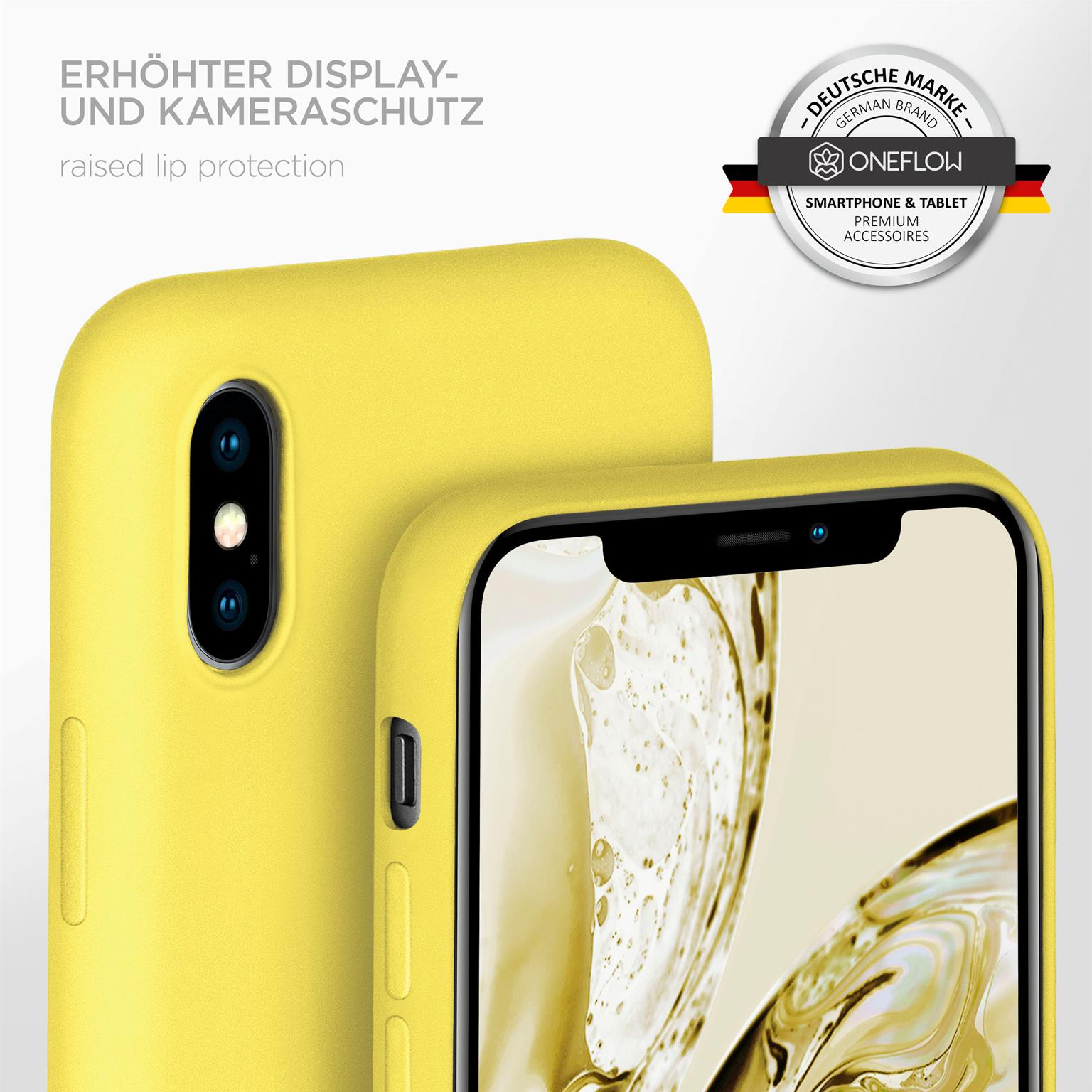 Zwei gelbe Handyhüllen sind gestapelt, eine bedeckt ein Telefon. Der Text lautet 'erhöhter Display- und Kameraschutz'.