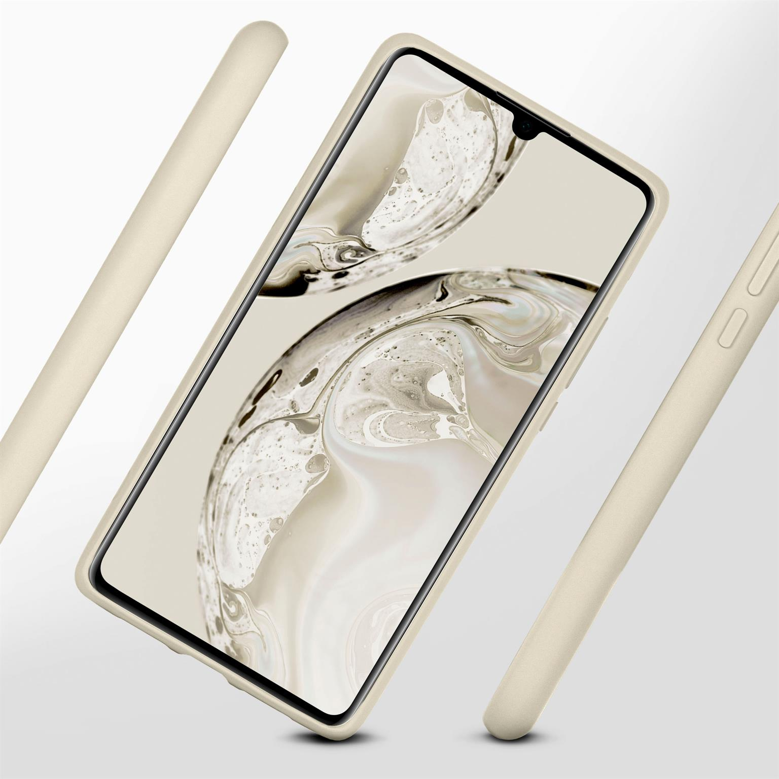 Ein Telefon in einer beigefarbenen Hülle. Drei beige Objekte sind darum herum.