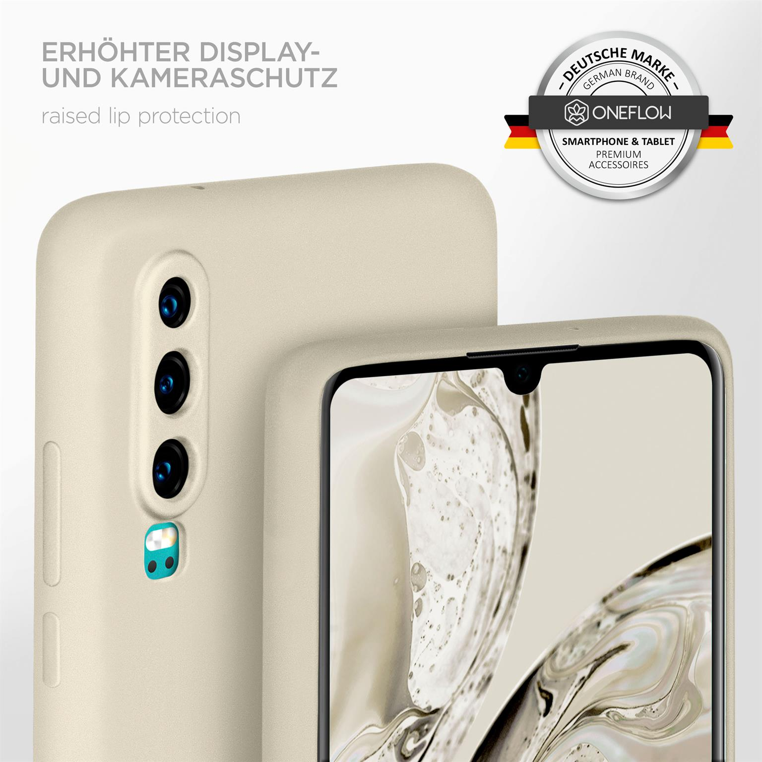 Beige Handyhülle mit erhöhtem Rand. Das Telefon zeigt einen weißen Bildschirm.