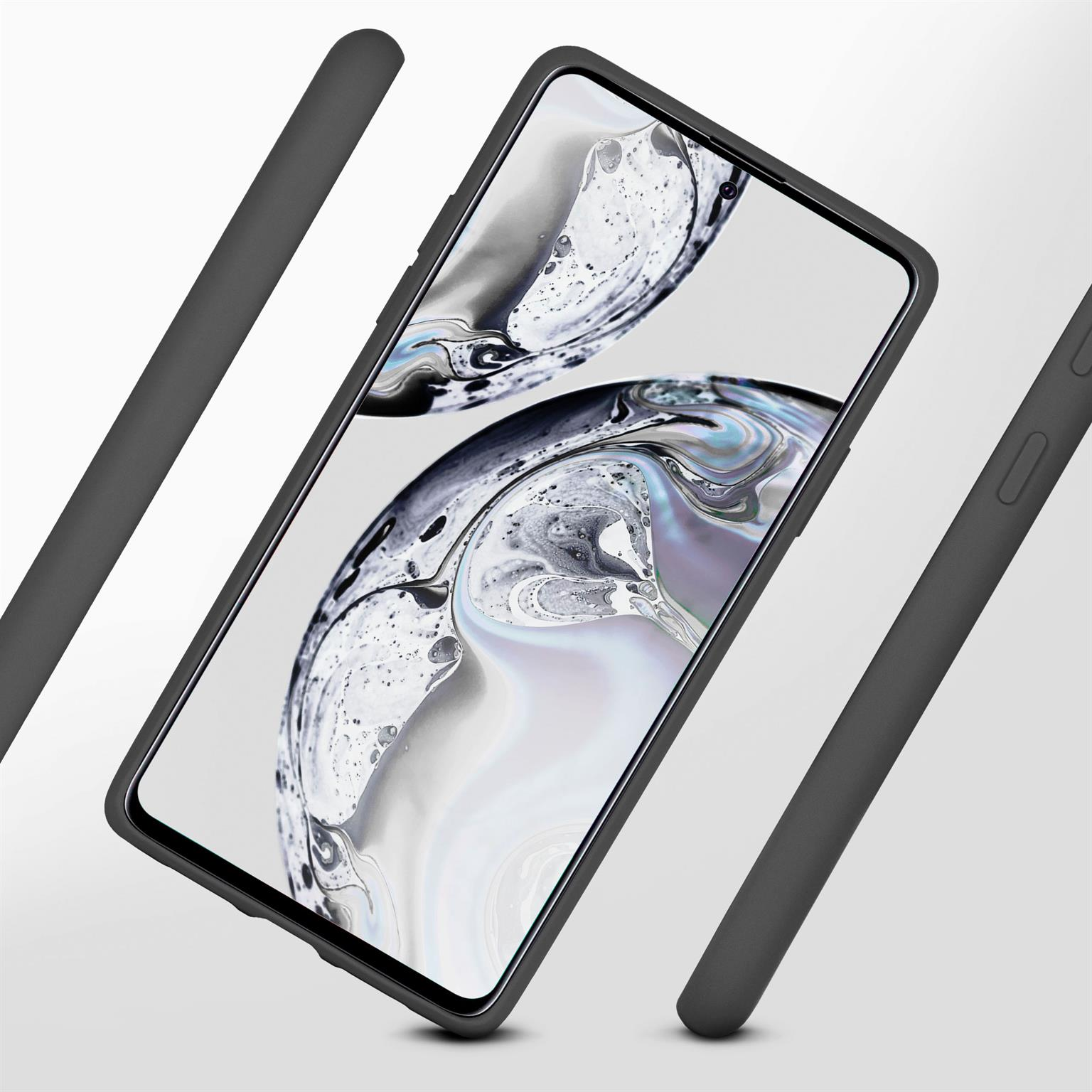 Schwarzes Telefon in schwarzem Gehäuse, angewinkelt. Zwei schwarze Balken an den Seiten. Weißer Hintergrund.