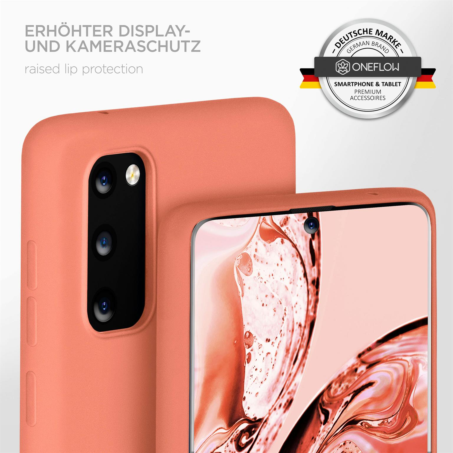 Eine korallenfarbene Handyhülle mit einem Telefon darin. Ein Logo im Hintergrund.