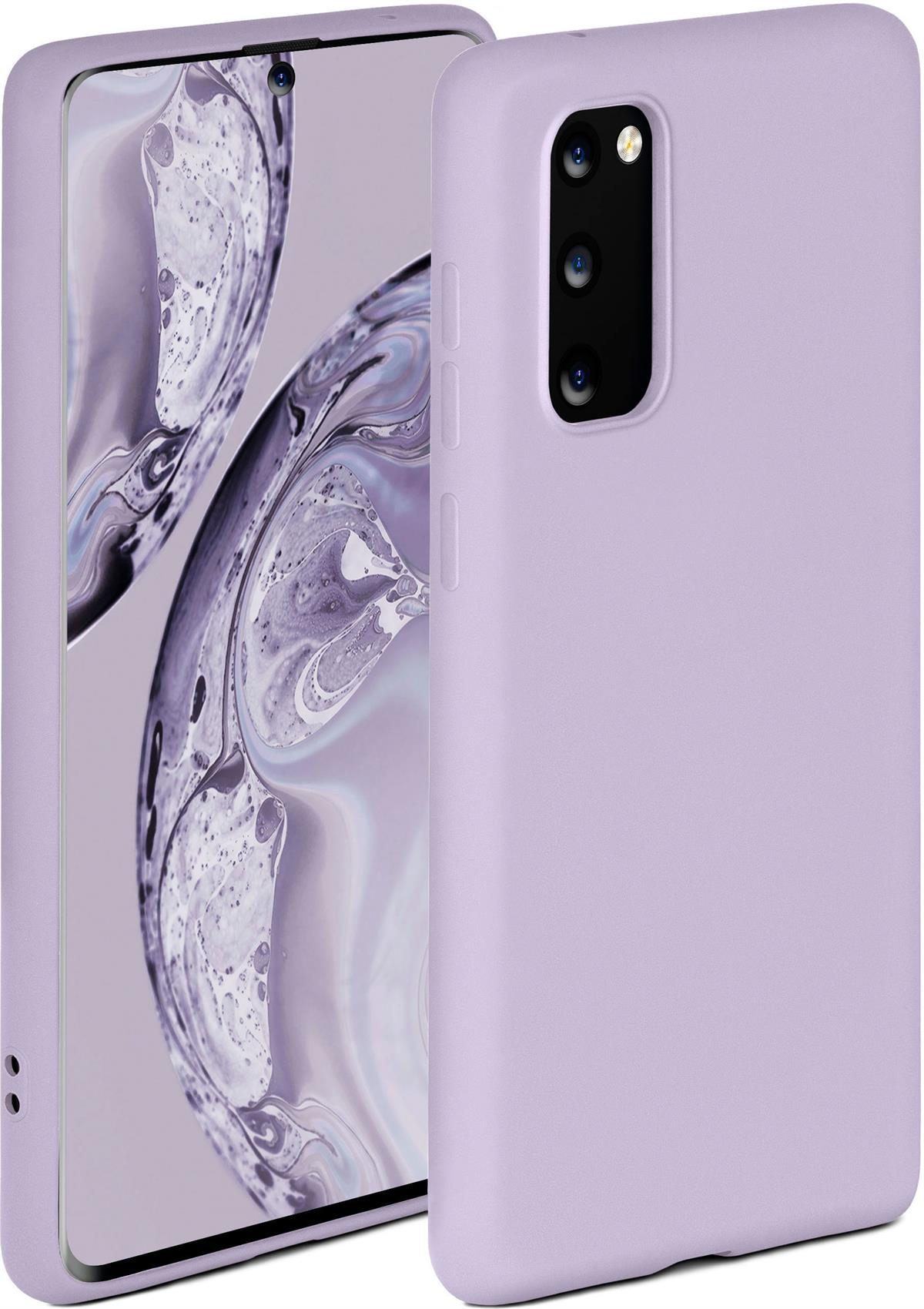 Lila Telefon mit Hülle. Rückkameras. Abstrakter Hintergrund auf dem Bildschirm.