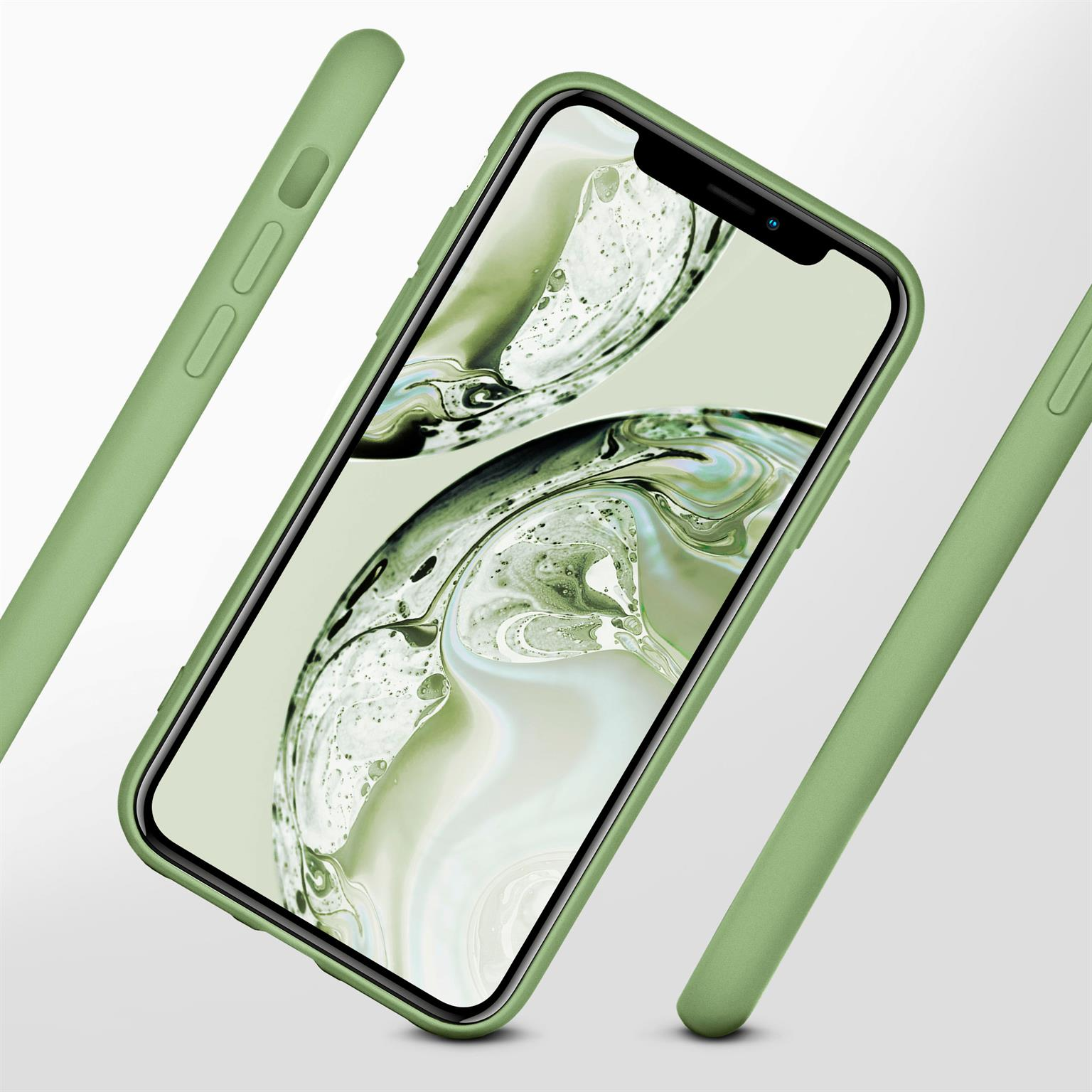 Telefon in grüner Hülle mit grünem Bildschirm, angewinkelt. Zwei weitere Handyhüllen im Hintergrund.
