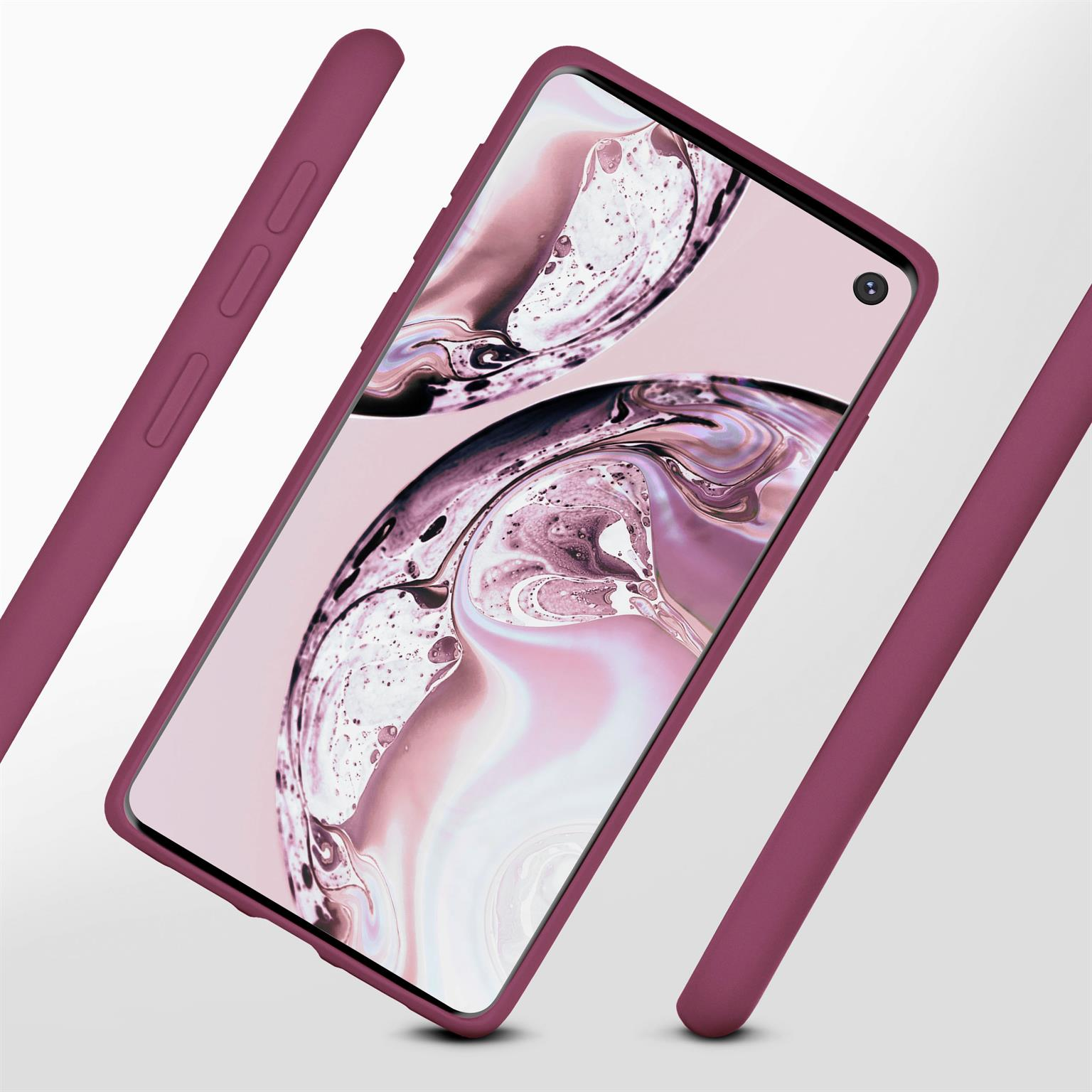 Ein lila Telefon in einer lila Hülle. Der Telefonbildschirm zeigt ein abstraktes Design. Der Hintergrund ist weiß.