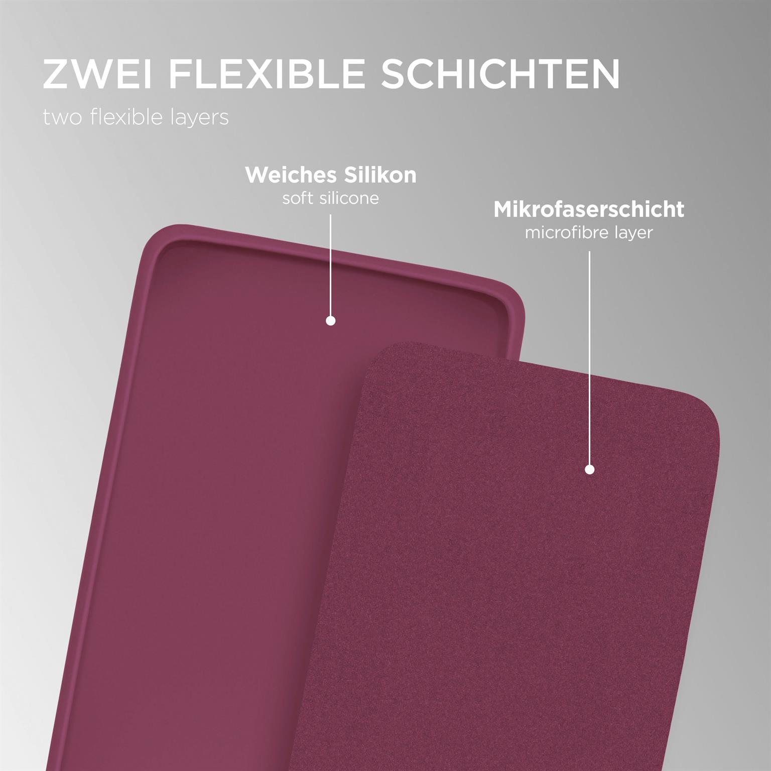 Zwei Materialschichten, eine weinrote und eine braune. Der Text oben lautet: 'ZWEI FLEXIBLE SCHICHTEN'.