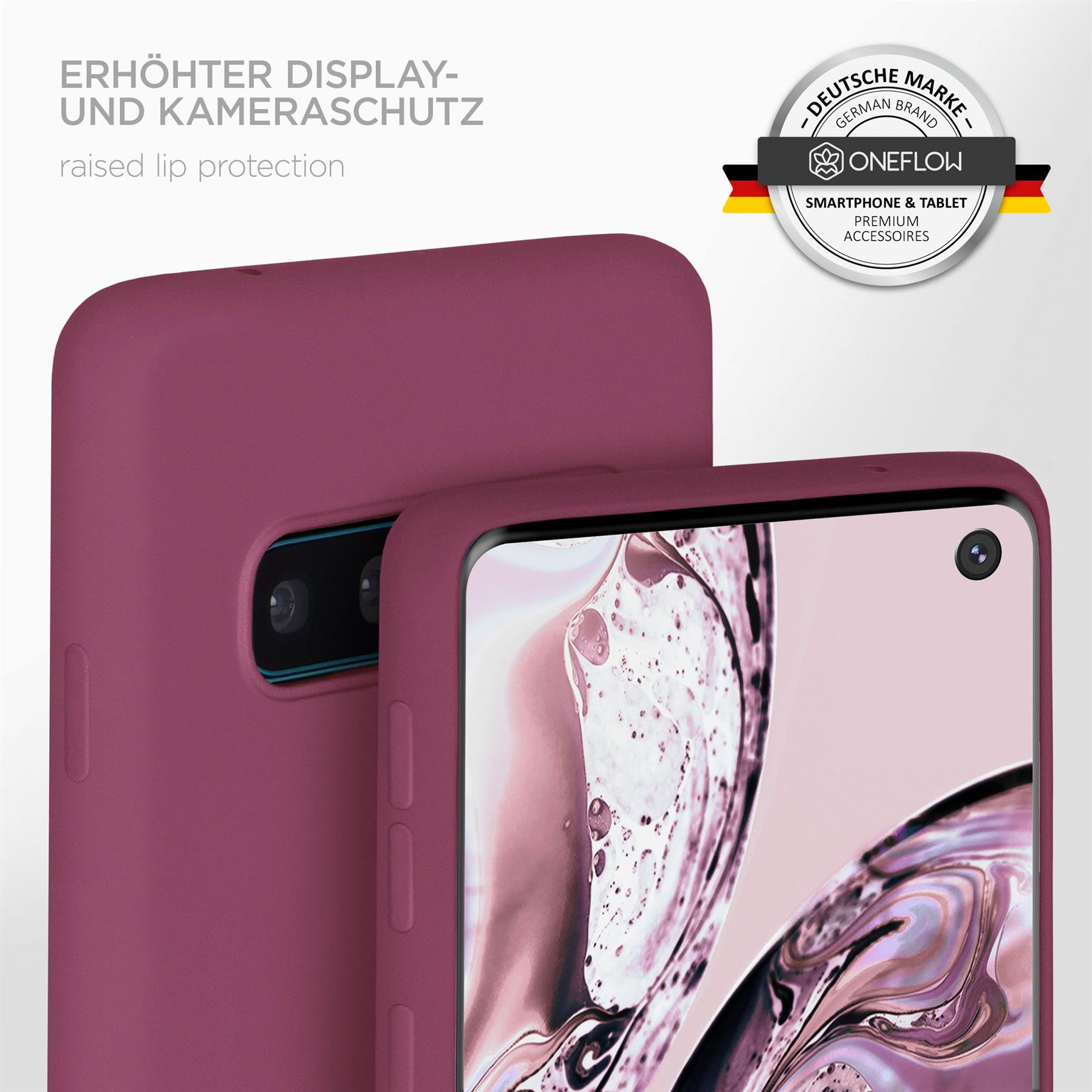 Lila Handyhülle mit Kameraausschnitten, Smartphone und deutschem Markenzeichen.