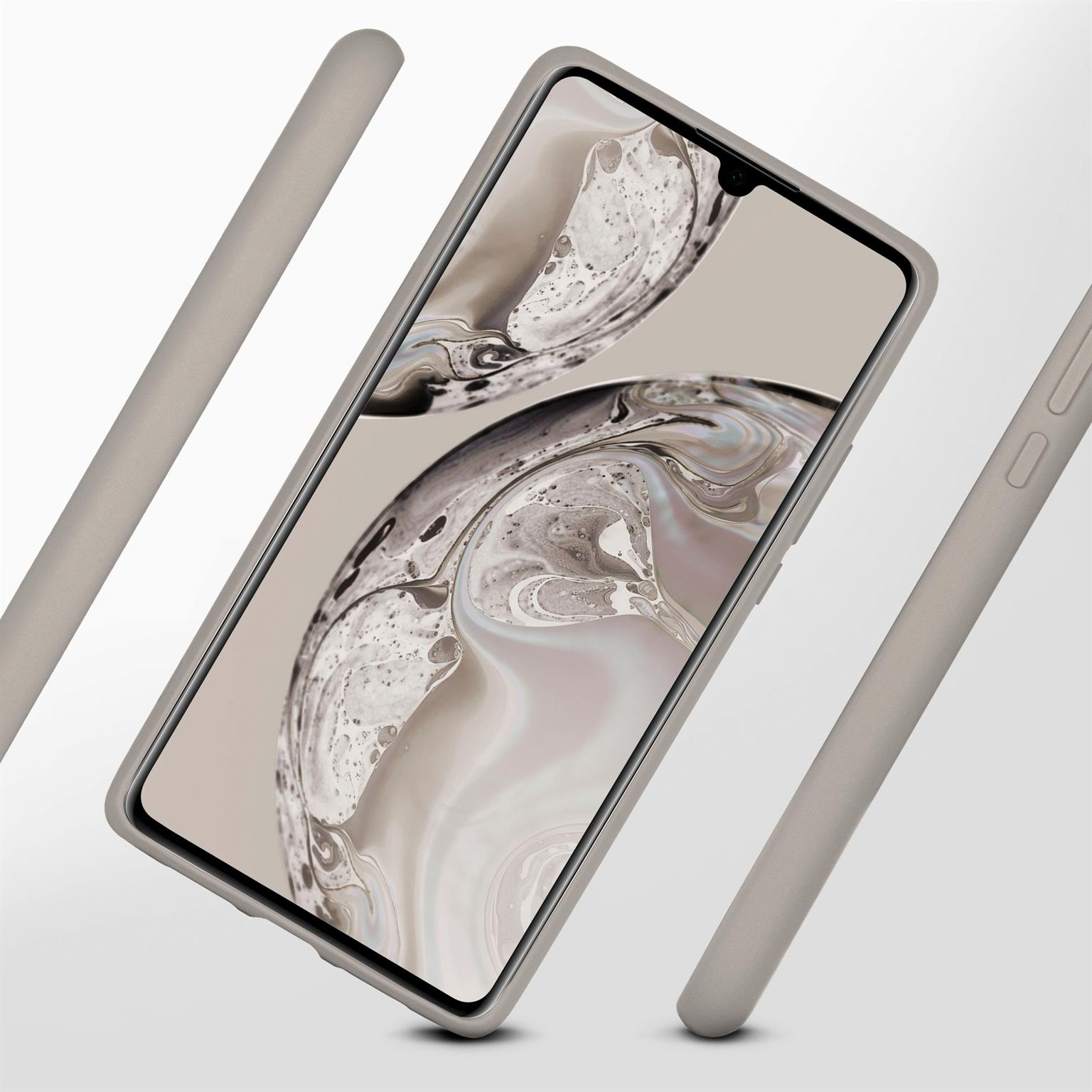 Handyhülle mit Telefon. Der Hintergrund ist hellgrau.