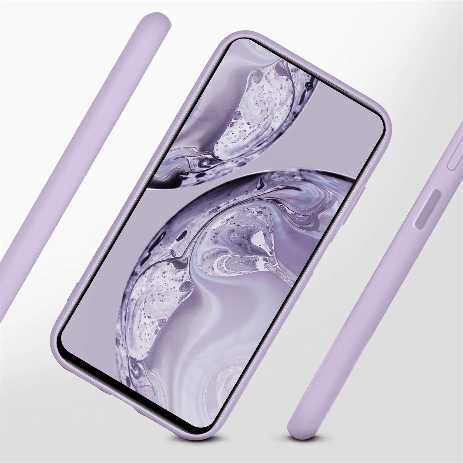 Ein Telefon in einer lila Hülle. Zwei lila Balken sind an den Seiten des Telefons angebracht.