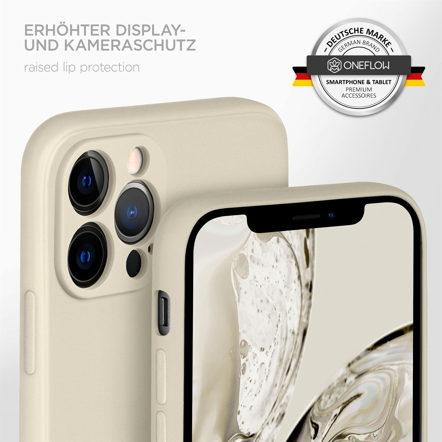 Nahaufnahme eines Telefons in einer beigen Hülle, mit Text 'erhöhter Display- und Kameraschutz' und Logo.
