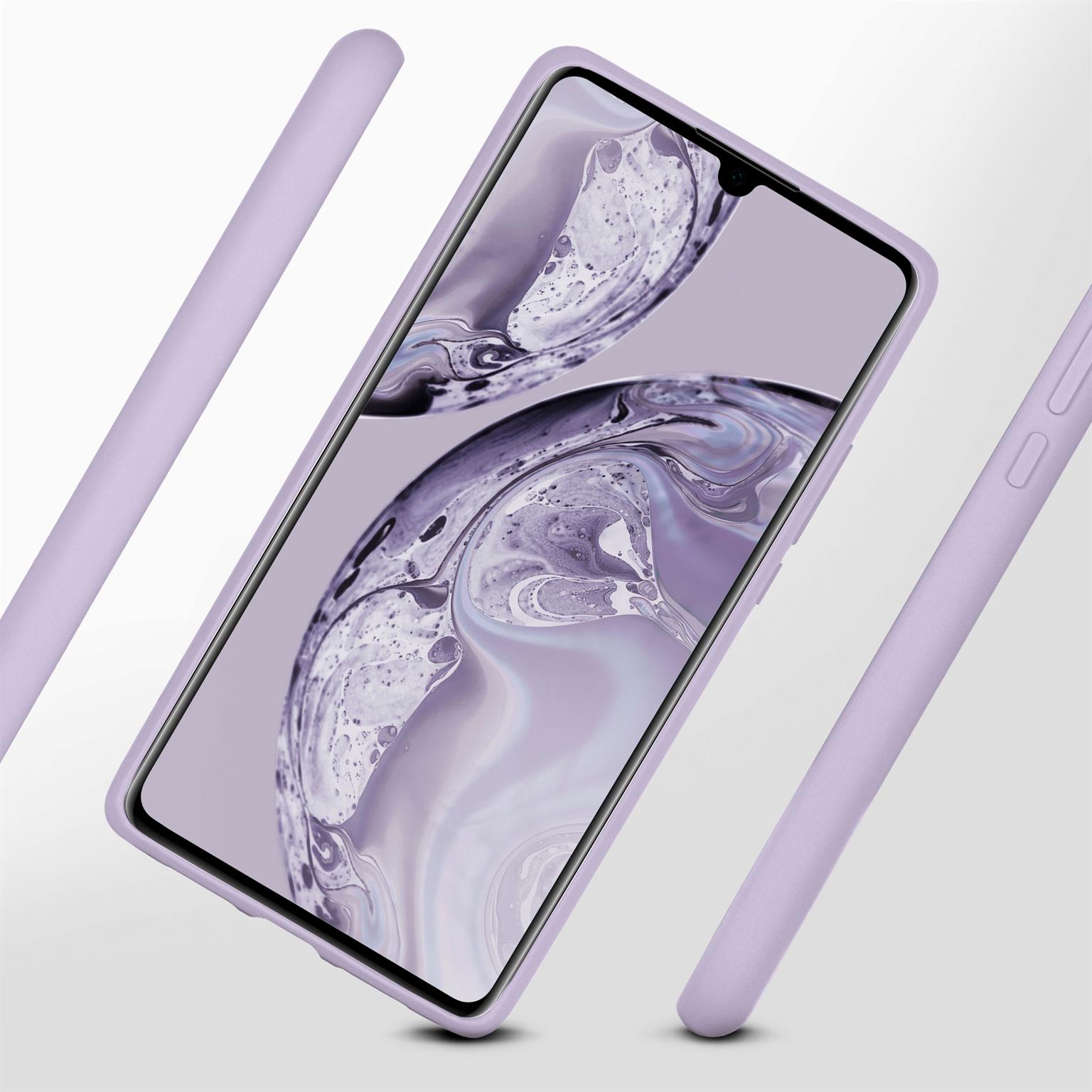 Handyhülle in lila Farbe mit Telefon und schwebenden Teilen.