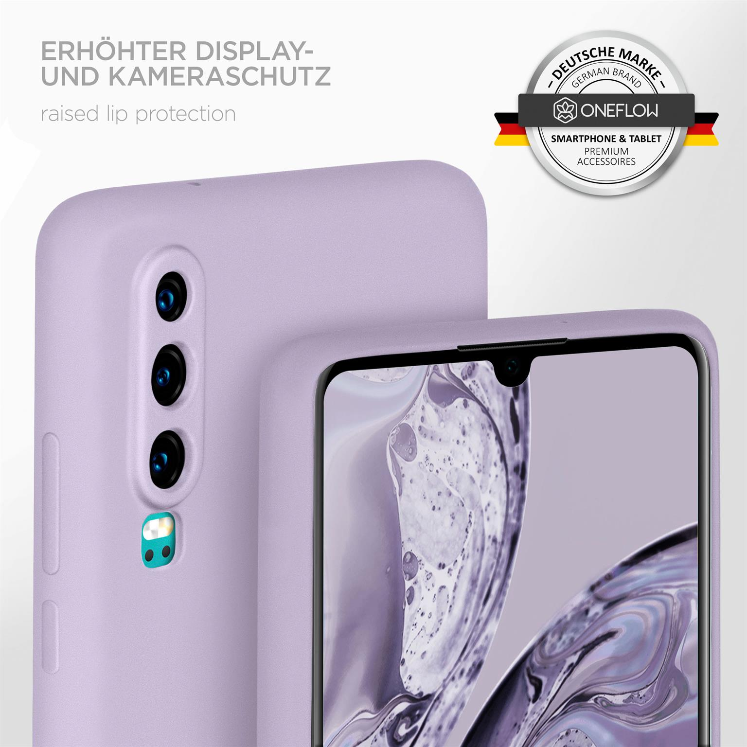 Eine lilafarbene Handyhülle mit einem Telefon darin. Text sagt 'erhöhter Display- und Kameraschutz' und 'ONEFLOW'.