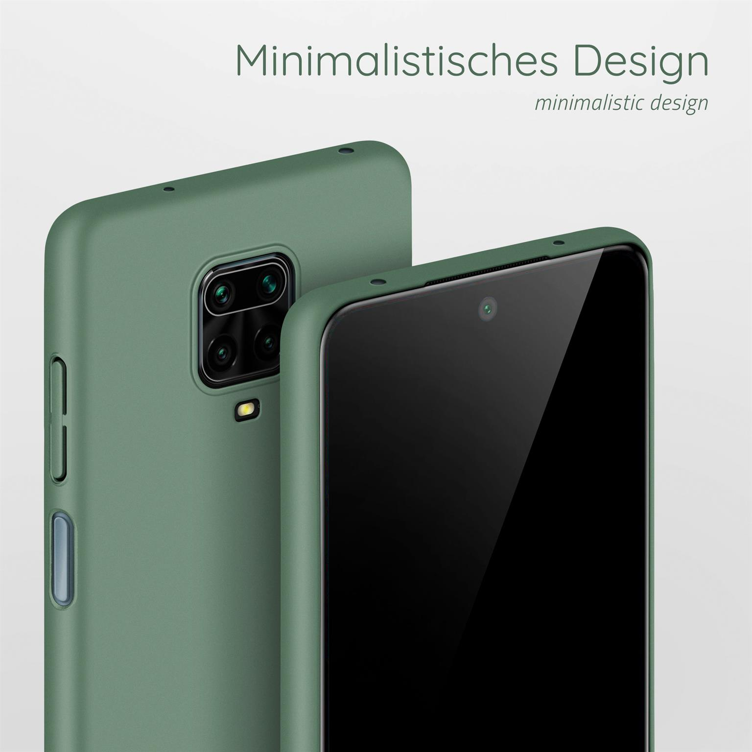 Zwei grüne Handyhüllen, eine mit Telefon. Text: Minimalistisches Design, minimalistisches Design.