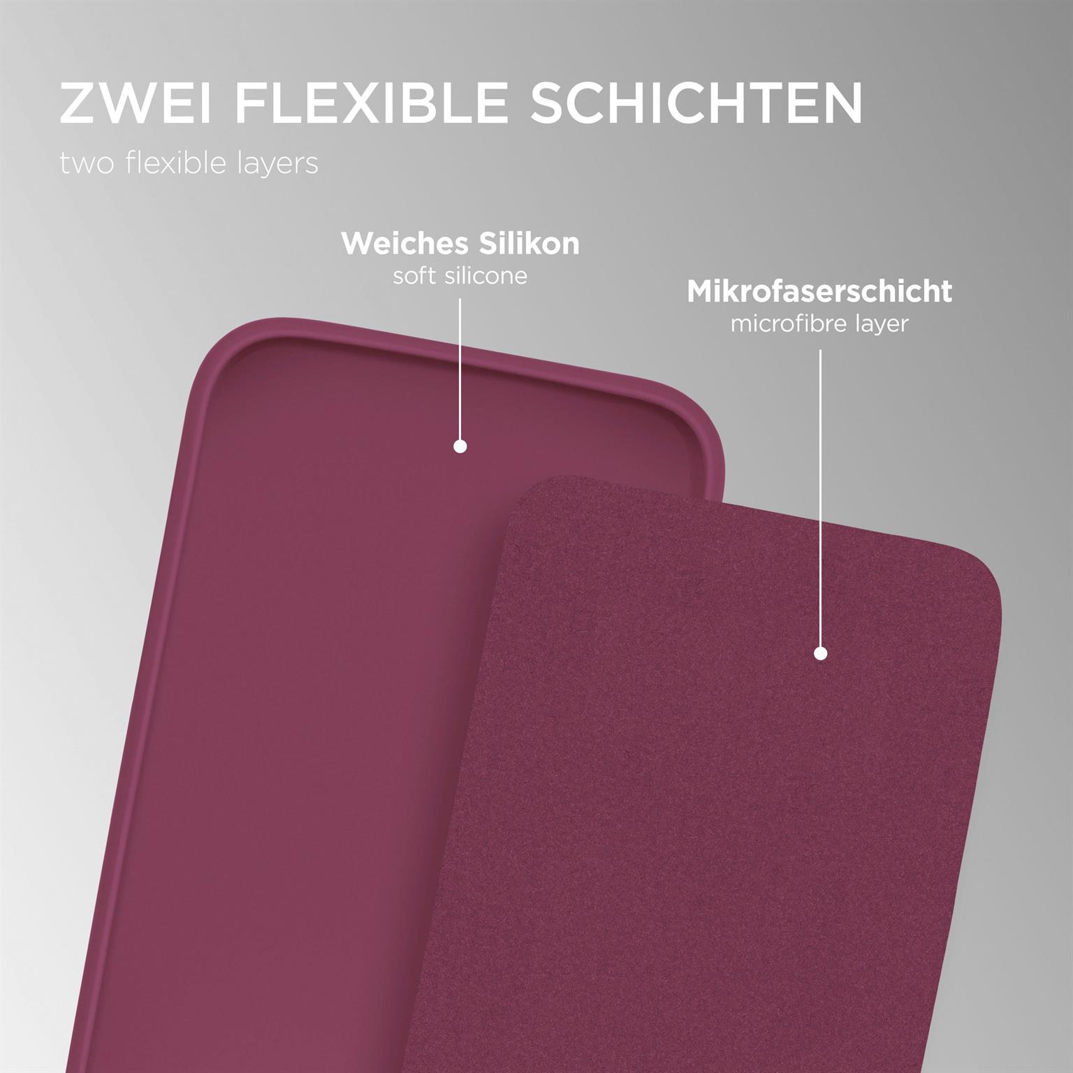 Zwei flexible Schichten, weiches Silikon und eine Mikrofaser, in Rosa.