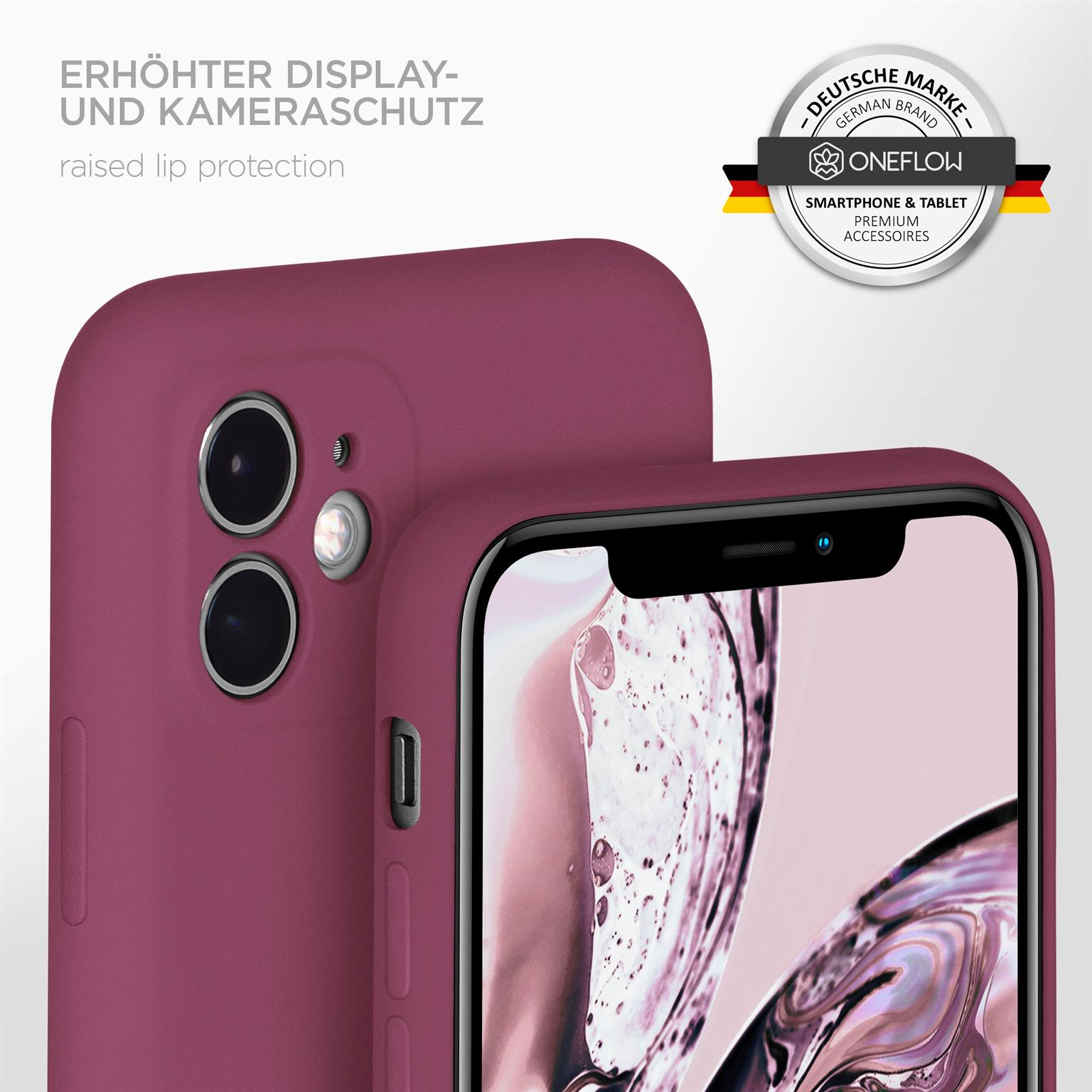 Telefon in dunkelroter Hülle. Die Hülle hat einen erhöhten Rand. Logo rechts.