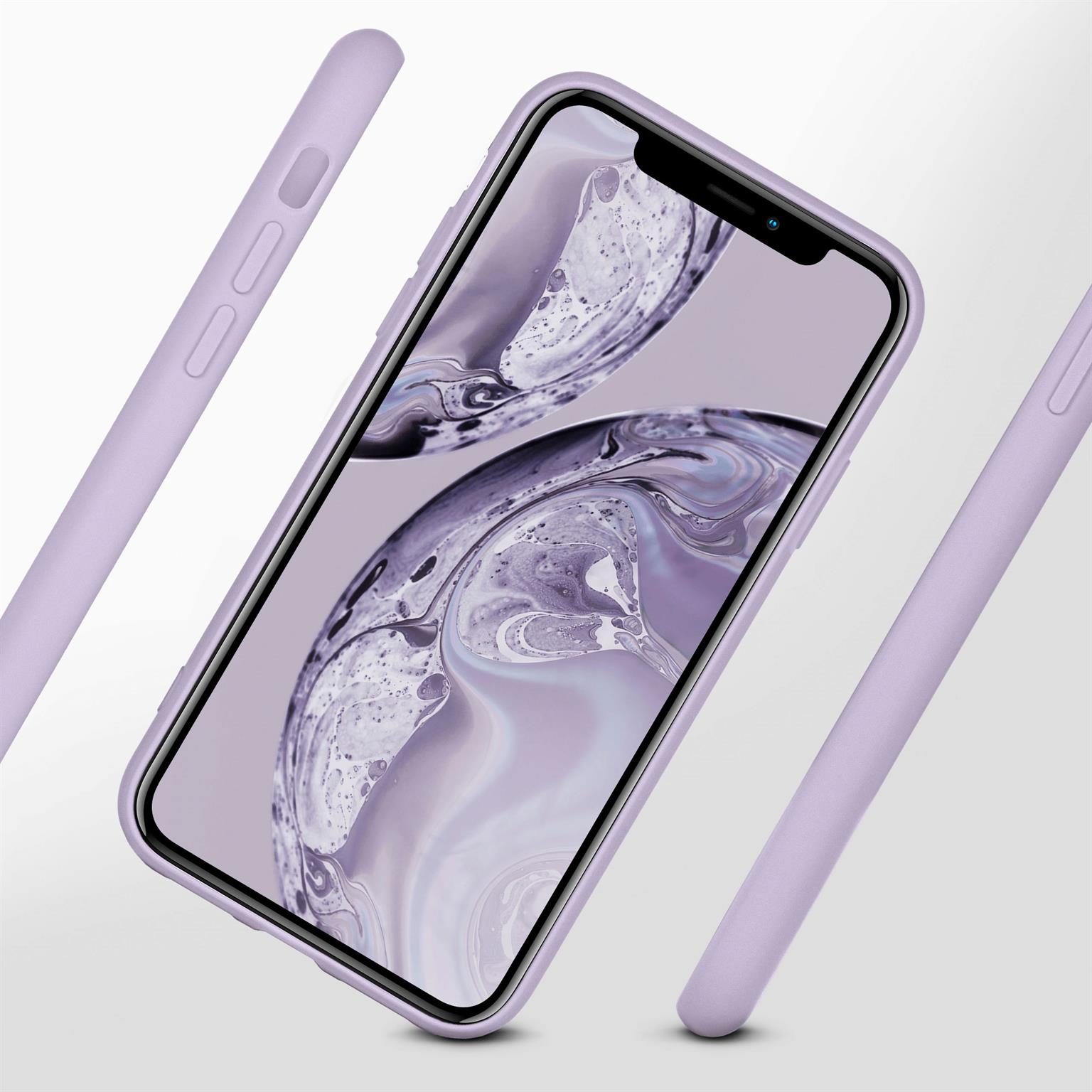Lila Telefon mit Hülle. Drei Hüllen sind abgebildet. Das Telefon hat einen lila Hintergrund.