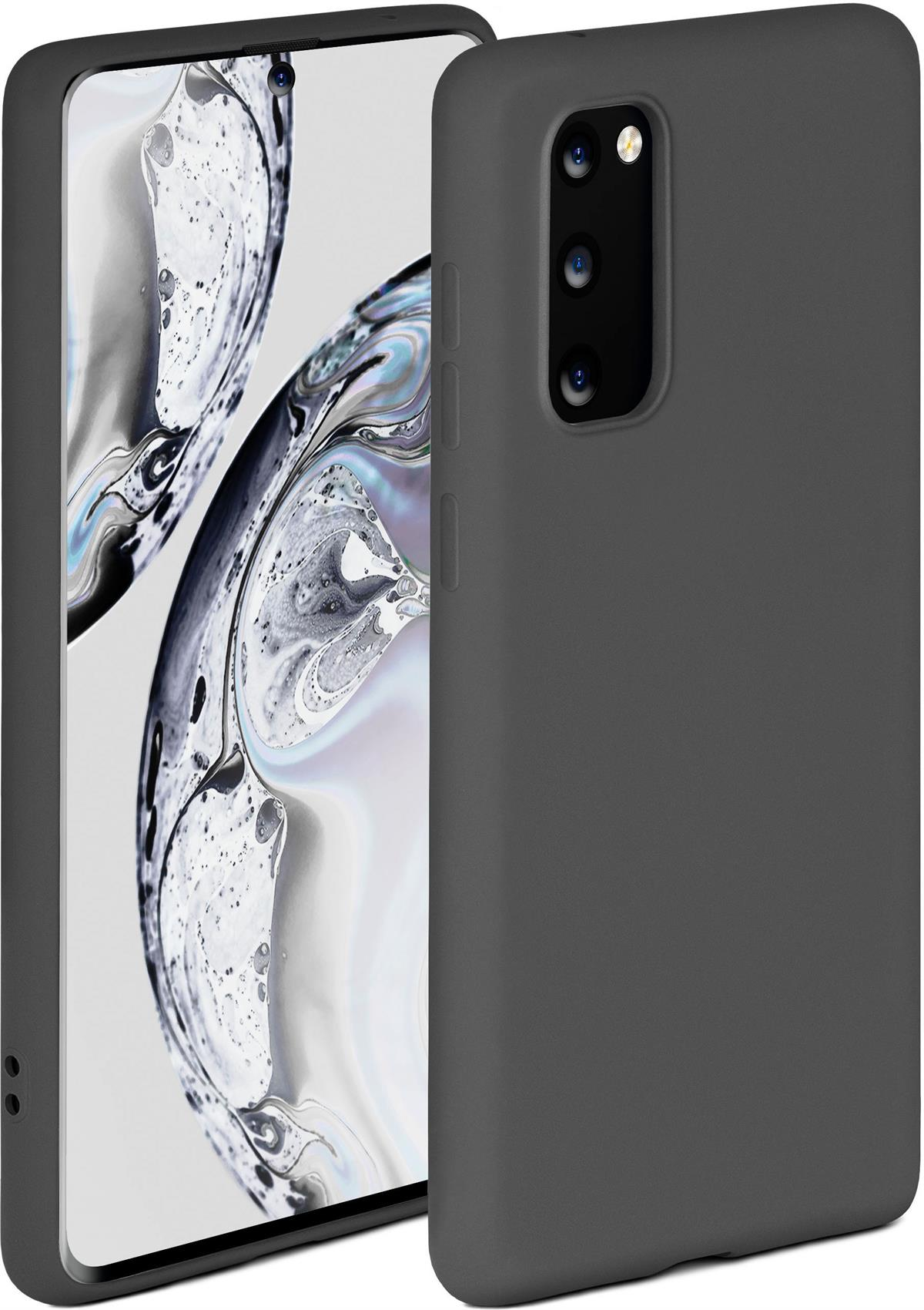 Dunkelgraues Telefon mit dunkelgrauem Gehäuse. Der Bildschirm des Telefons ist sichtbar. Das Gehäuse hat eine Kameraausbuchtung.