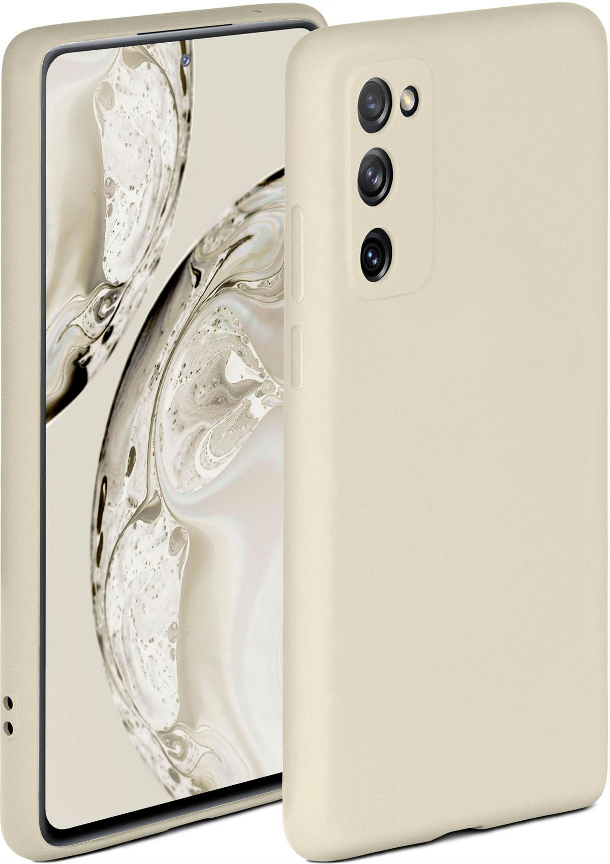 Beige Handyhülle mit Telefon. Rosa und weißer Hintergrund.