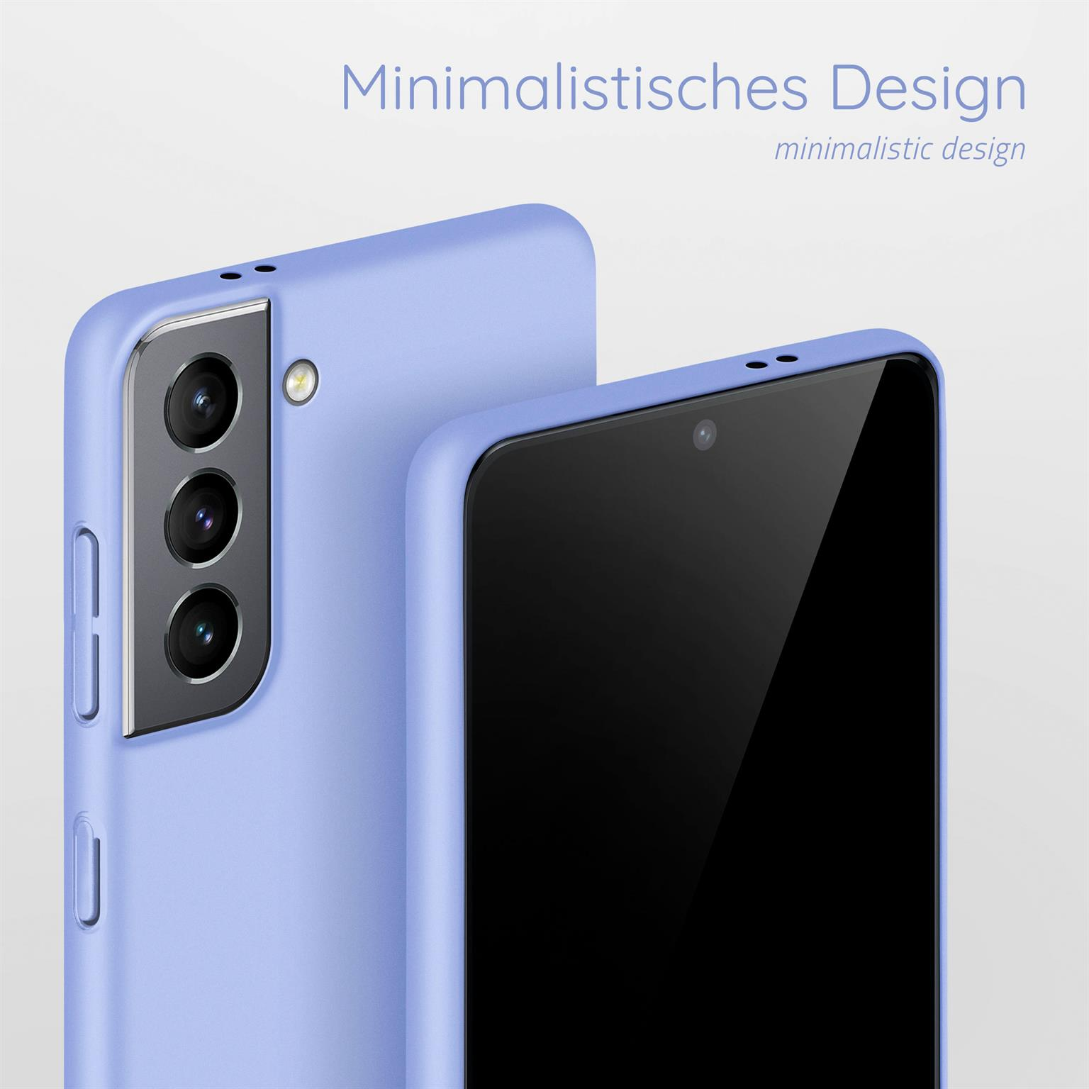 Zwei blaue Handyhüllen. Der Text lautet 'minimalistisches Design'.