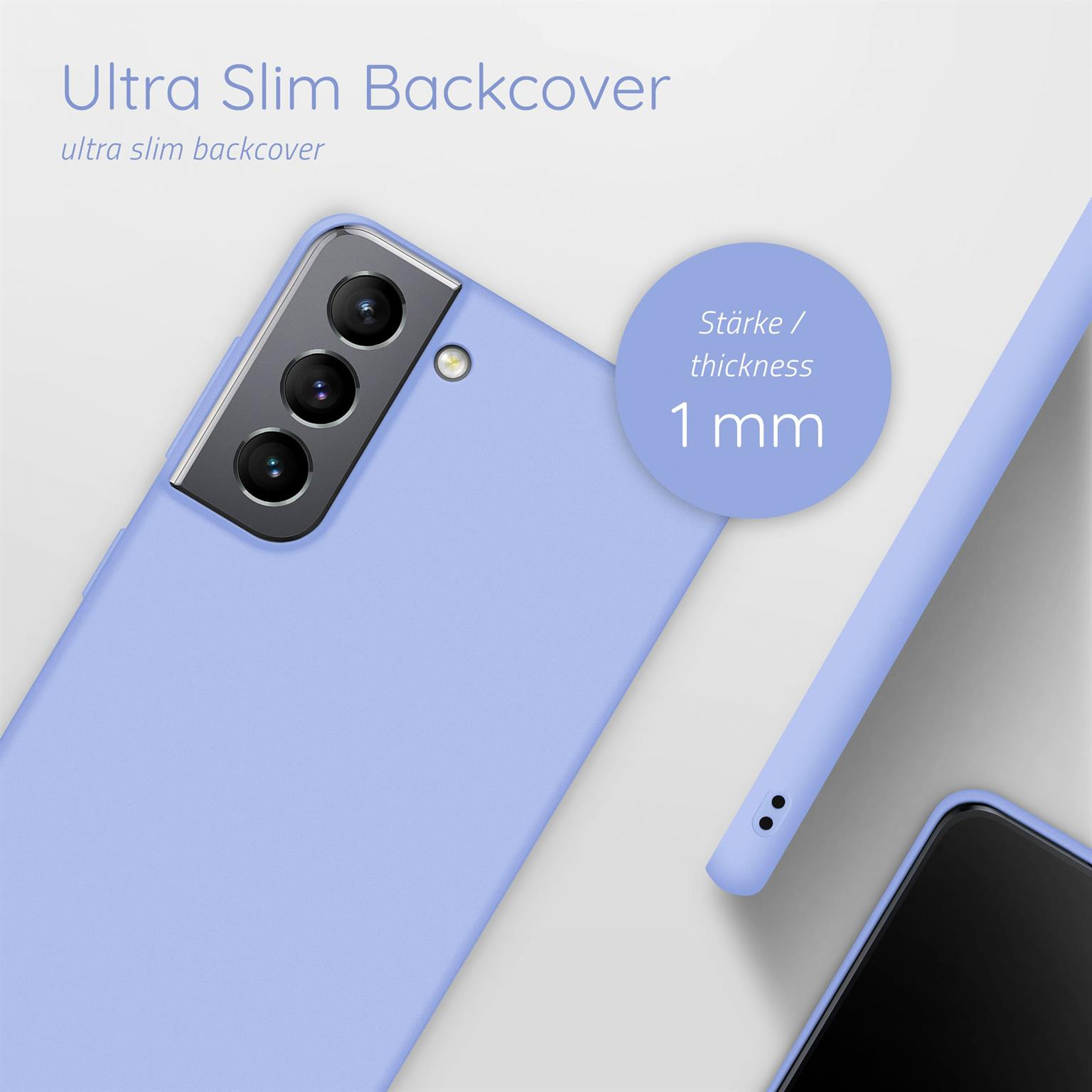 Eine lavendelfarbene Handyhülle mit Telefon, Rück- und Profilansicht. Text: 1 mm Dicke.