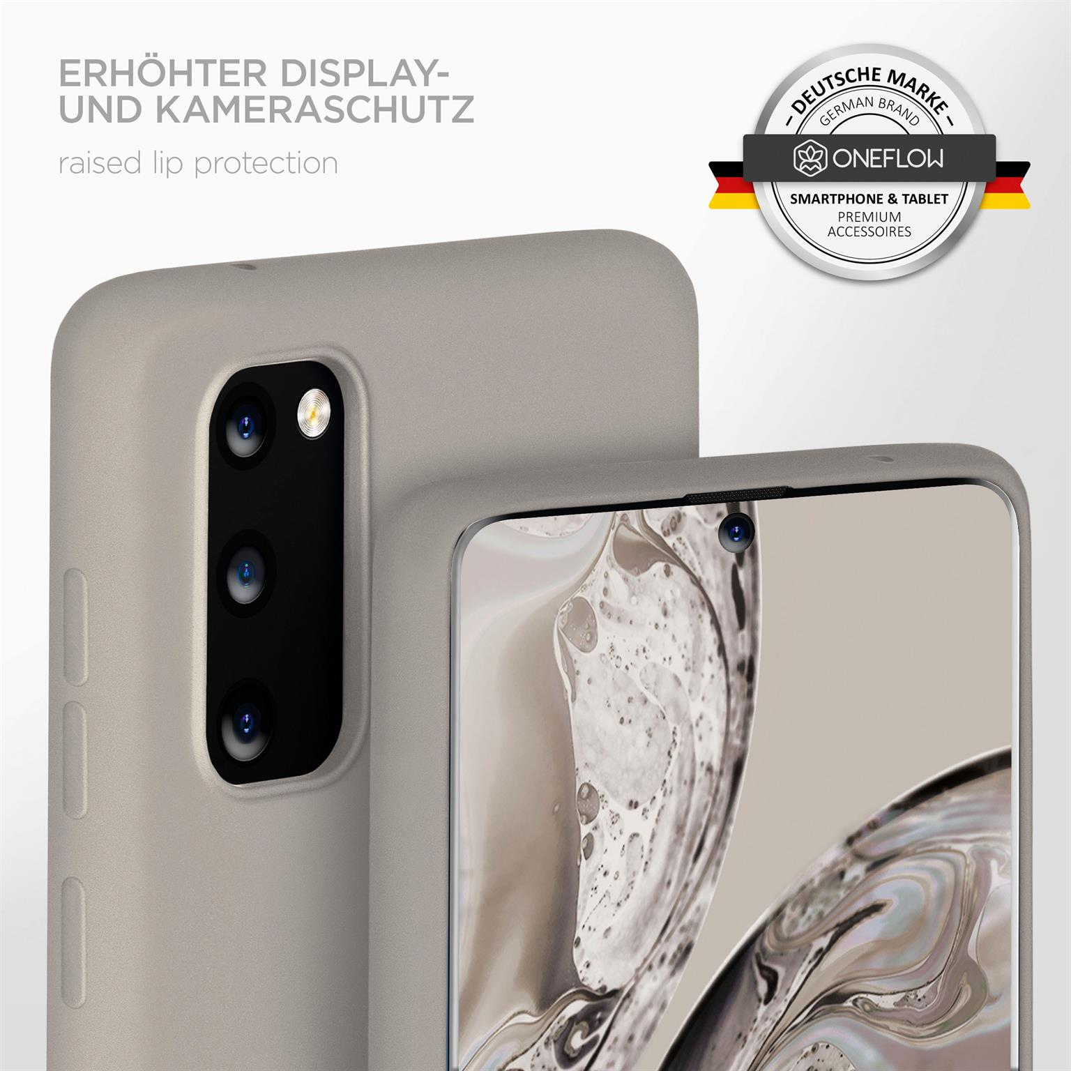 Graue Handyhülle mit Telefon, erhöhtem Lippenschutz und deutschem Markenaufkleber.