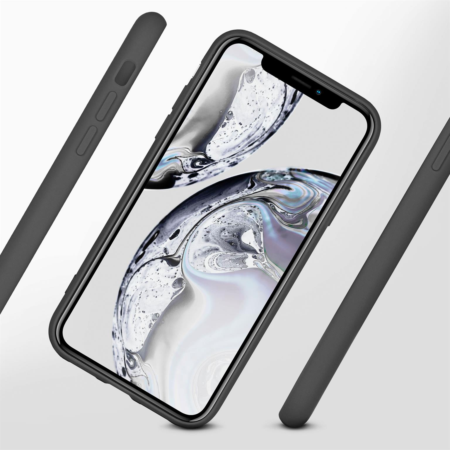 Telefon in einer Hülle. Die Handyhülle ist schwarz und zeigt den Telefonbildschirm.