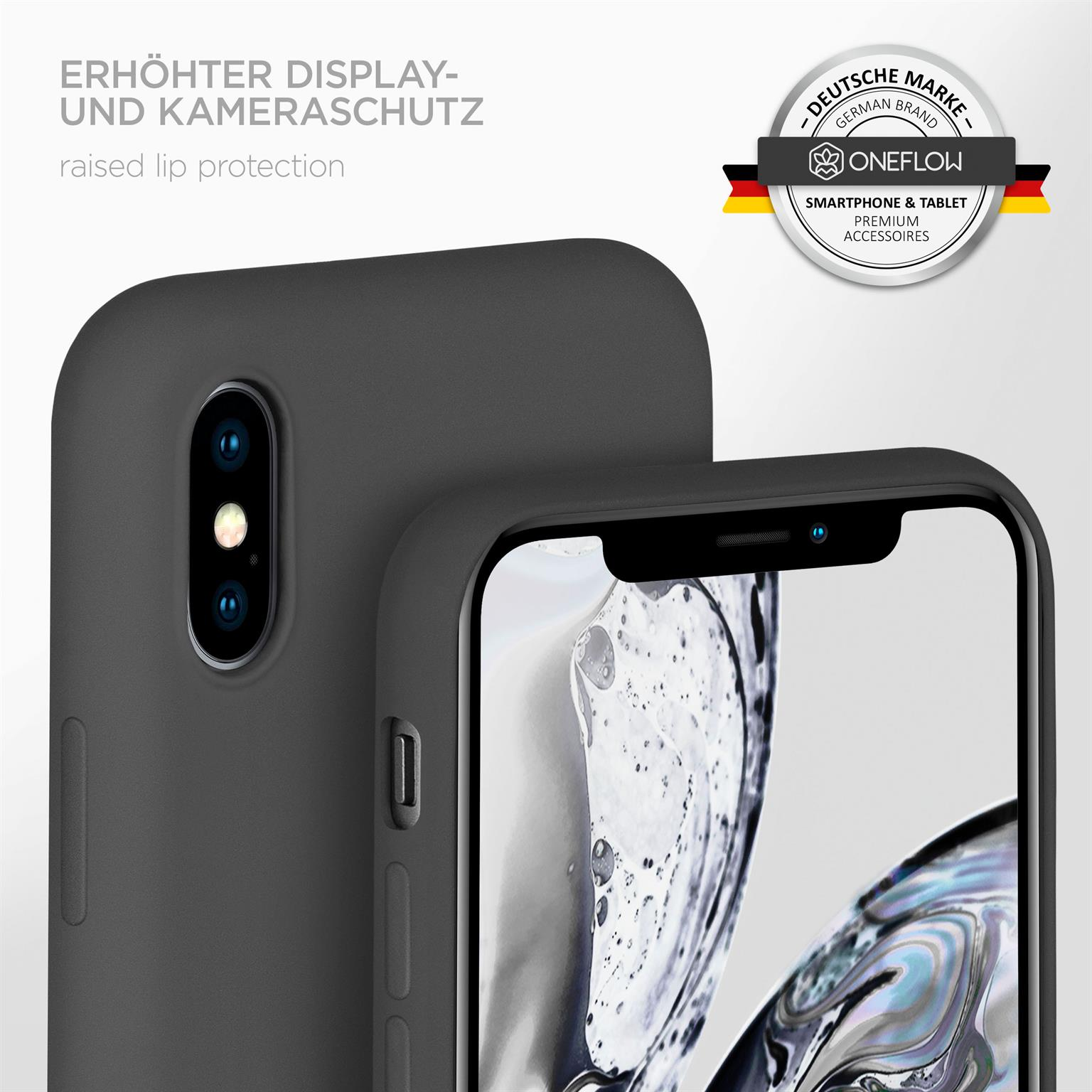 Schwarzes Telefon mit dunkelgrauer Hülle und Logo. Die Hülle hat erhöhten Lippenschutz.