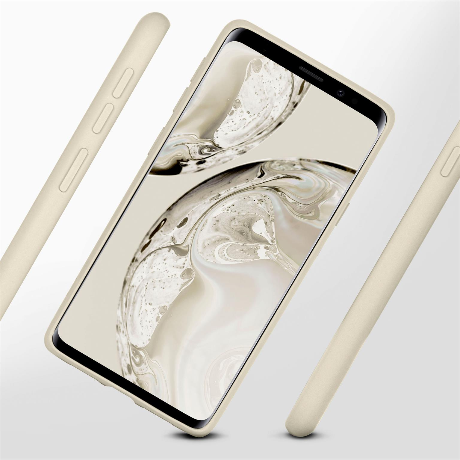 Beiges Telefon in beiger Hülle. Zwei zusätzliche Gehäuseteile werden im Hintergrund angezeigt.