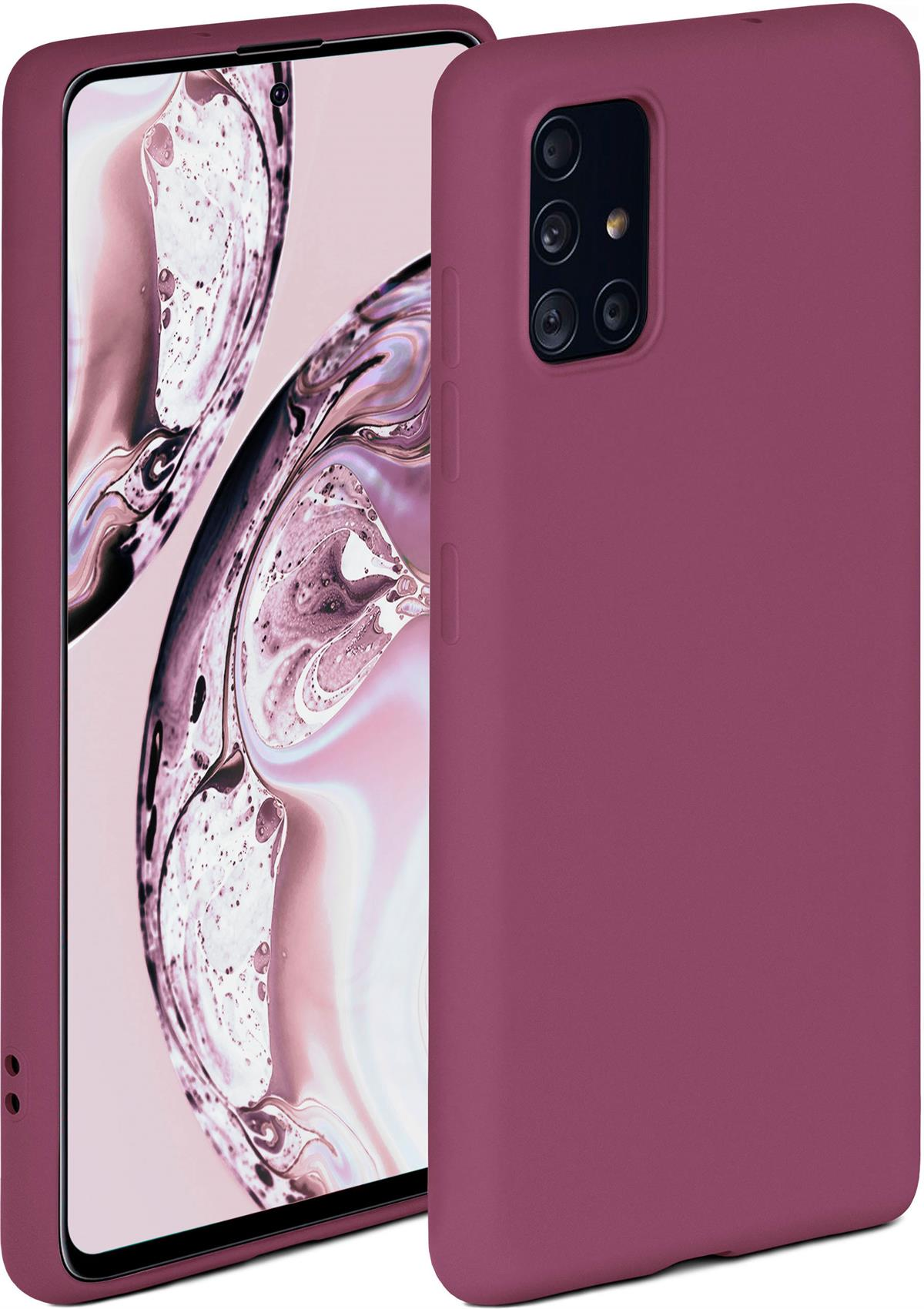 Bordeauxfarbene Handyhülle mit Telefon. Die Hülle hat Kameraausschnitte. Das Telefon hat einen Bildschirm.
