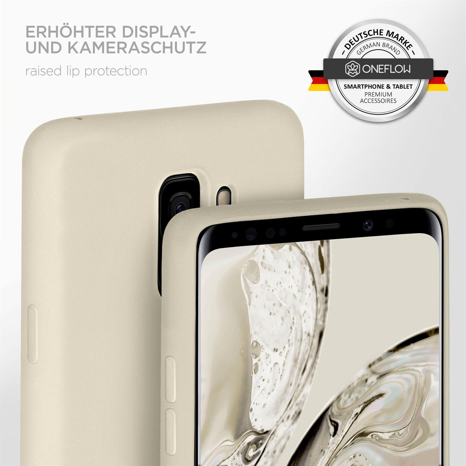 Zwei Handyhüllen, eine beige, und ein Telefon in jeder. Text oben und ein Logo auf der rechten Seite.