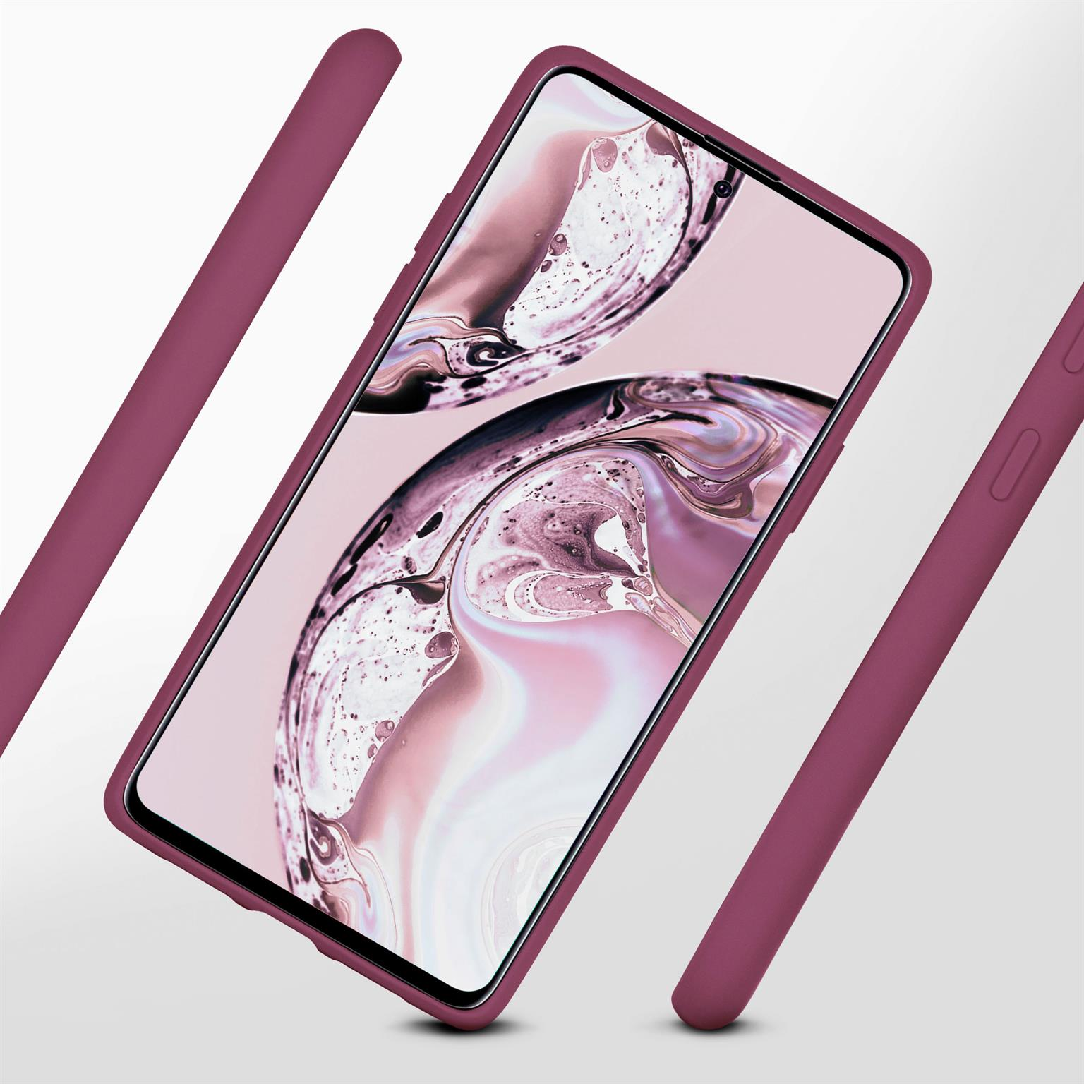 Ein weinrotes Telefon in einer Hülle ist geneigt, mit drei weinroten Balken im Hintergrund, vor weißem Hintergrund.