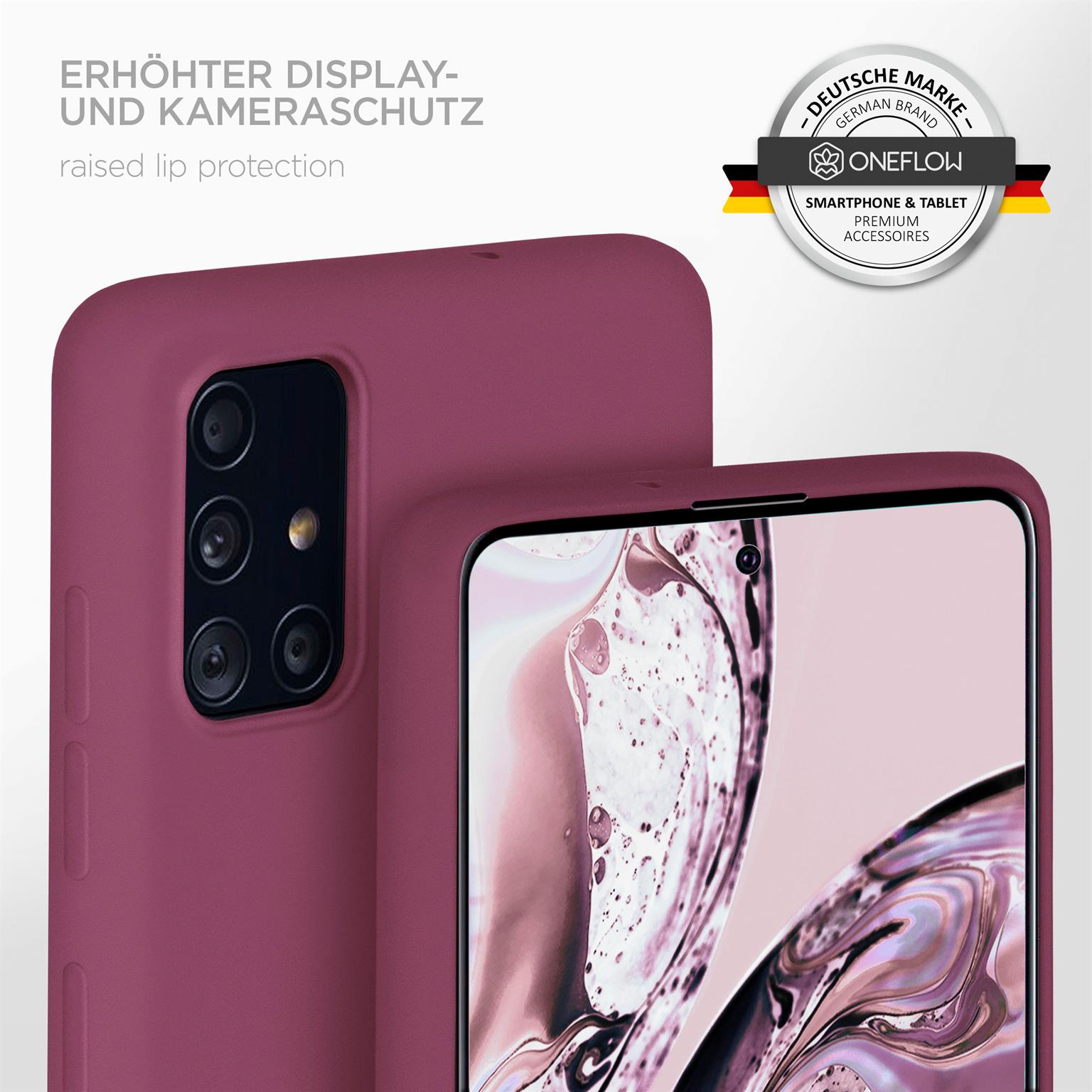Handyhülle auf Telefon, mit erhöhtem Lippenschutz, in Burgunderrot, mit Markenlogo.