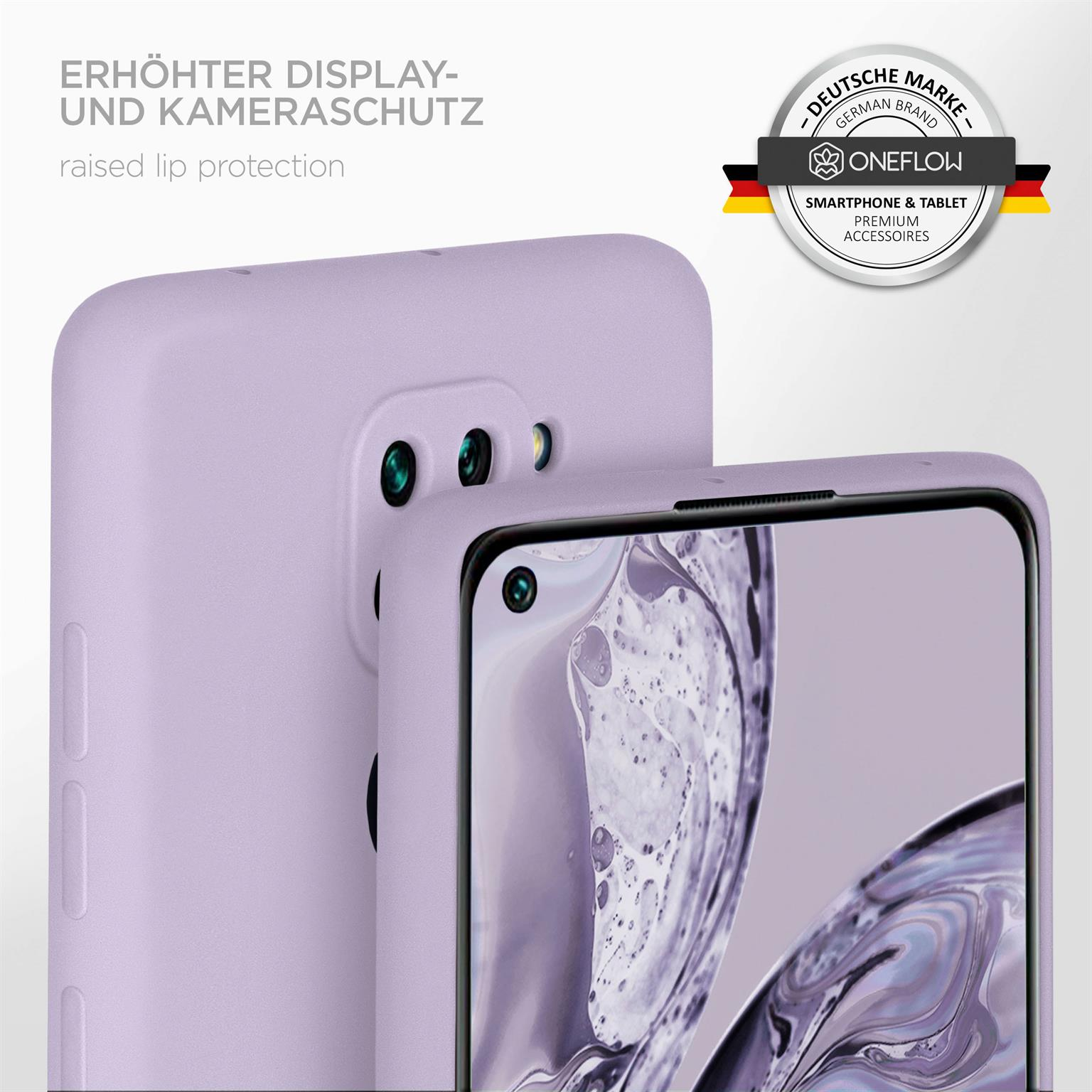 Lila Handyhülle mit Telefon. Der Bildschirm ist sichtbar, mit Logo.