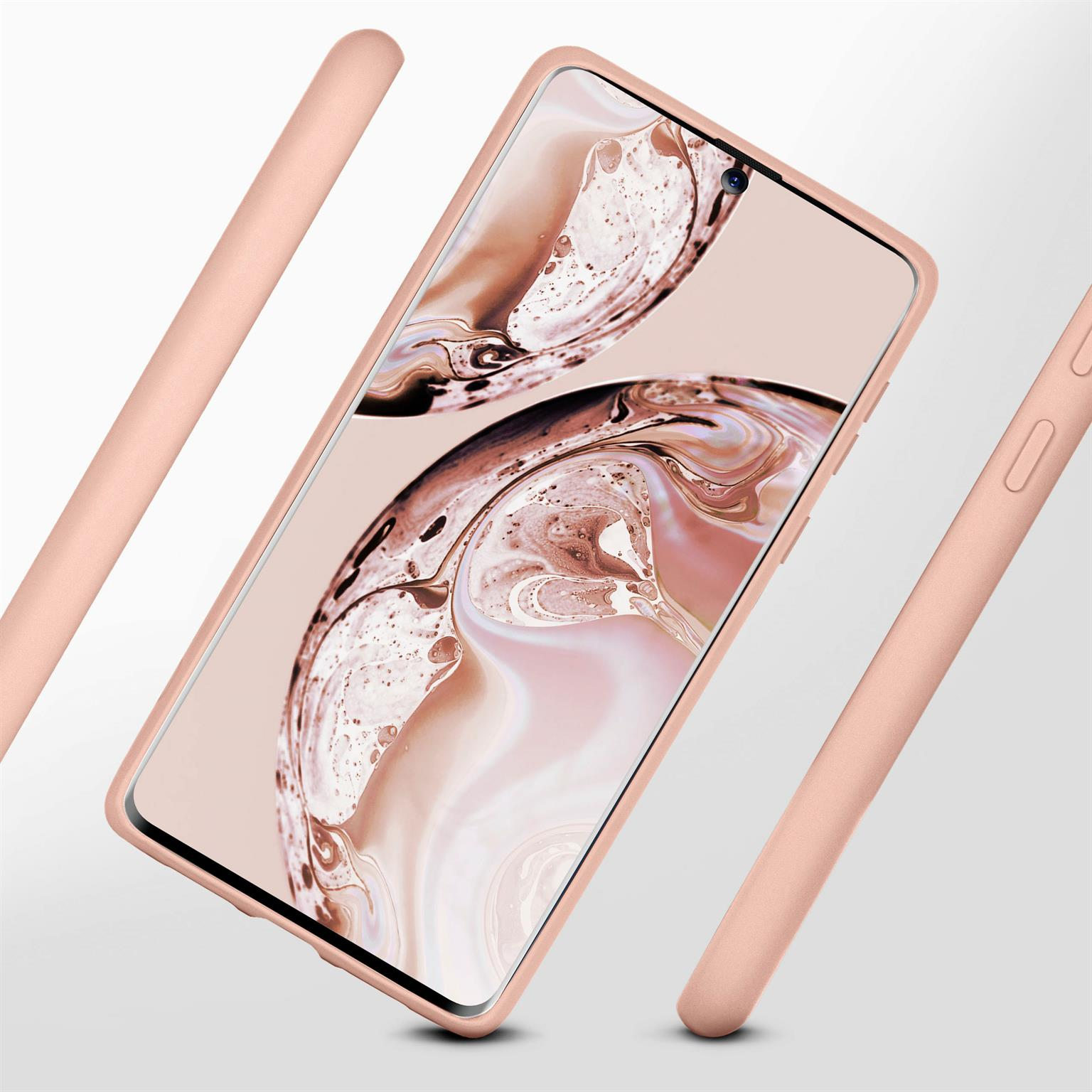 Rosa Handyhülle mit einem Telefon darin. Drei Balken umgeben das Telefon.