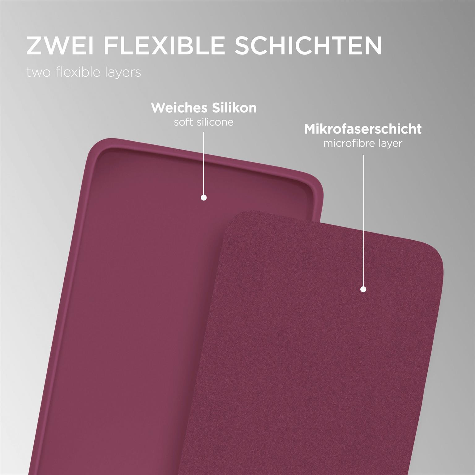 Zwei Lagen burgunderfarbenes Handyhüllenmaterial, ein weiches Silikon, ein Mikrofaser.